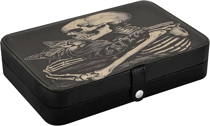 senya Skull Leather Jewelry Box, Cat and Skeleton Skull Necklace Ring Earrings Storage Organizer for Women Travel Jewelry Organizer