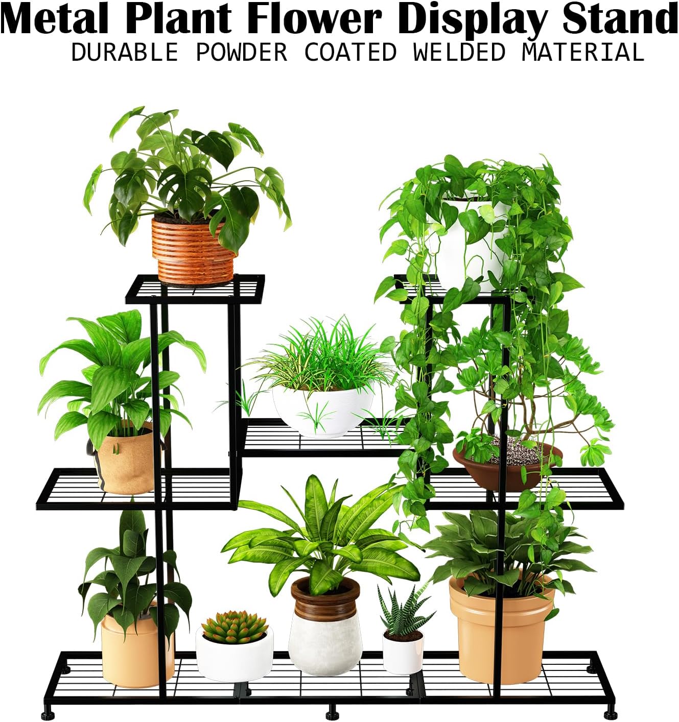 Metal Plant Stand, 5 Tiers Multifunctional Plant Stands for Indoor Plants, Decorative Black Steel Plant Shelf for Indoor Patio Garden Balcony and Yard (4 tiers 12 pots)