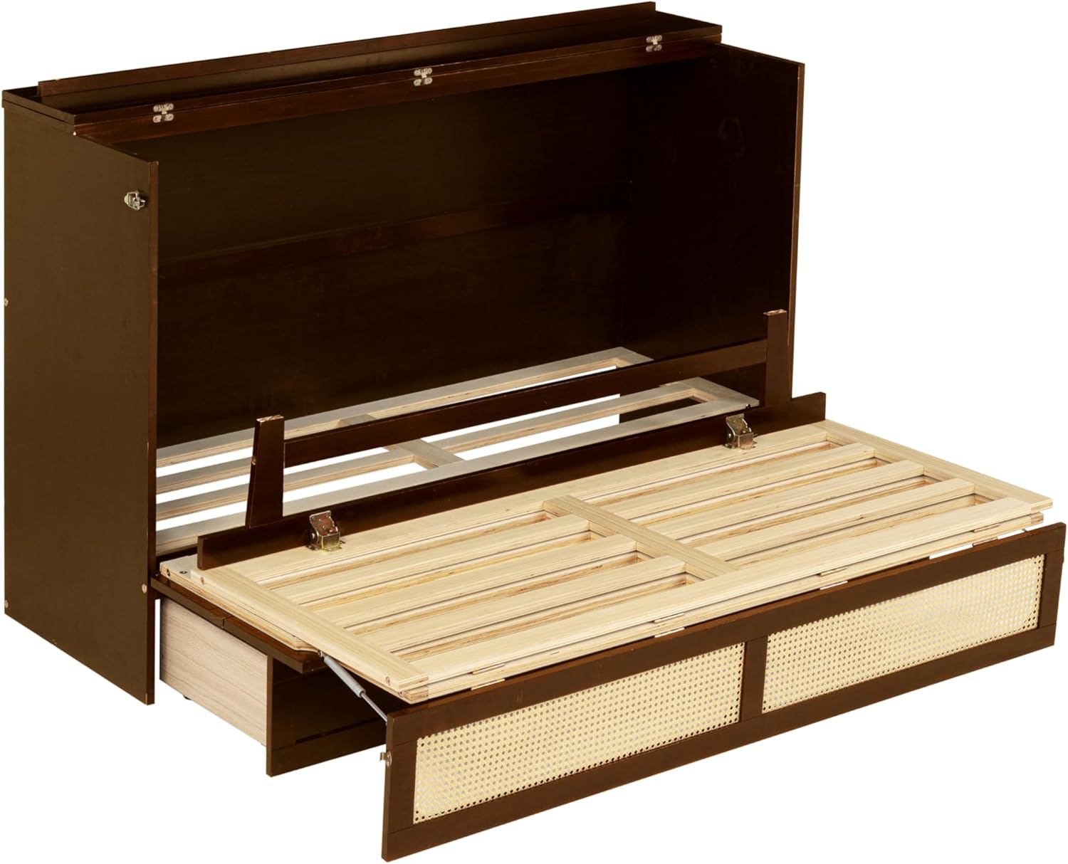 Retro Rattan Queen Size Murphy Bed Cabinet with Storage Drawers, Hidden Foldable Platform Bed, Space Saving for Small Room, Kids Adults Guest, Walnut