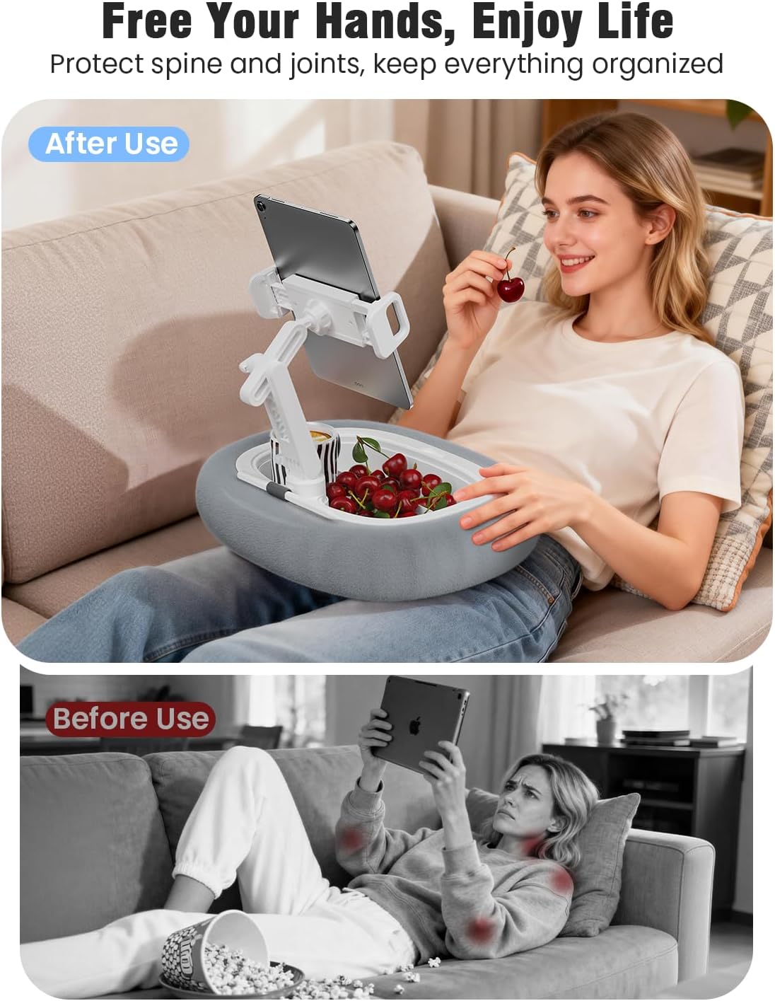 Tablet Kindle Pillow Stand Holder Free Adjustment with 3 Divided Trays Fit 4''-13'' Phone Kindle iPad Holder Stand Ultra Stable for Bed Soft Plus Fabric Dust Cover Lap Desk Kindle Accessories Gray