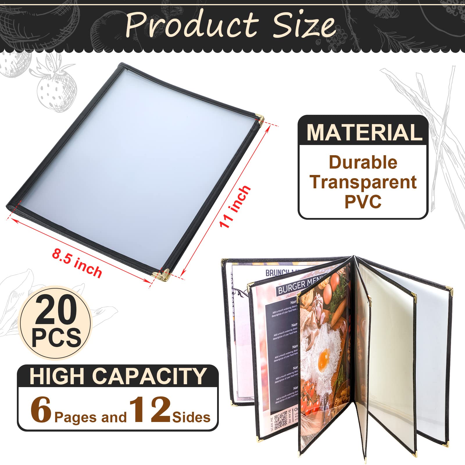 TaoBary 20 fundas de menú de 8.5 x 11 pulgadas para papel de tamaño A4, cubiertas transparentes para menús de restaurante con ribete de cuero sintético y esquina decorativa de metal, bar, cafetería