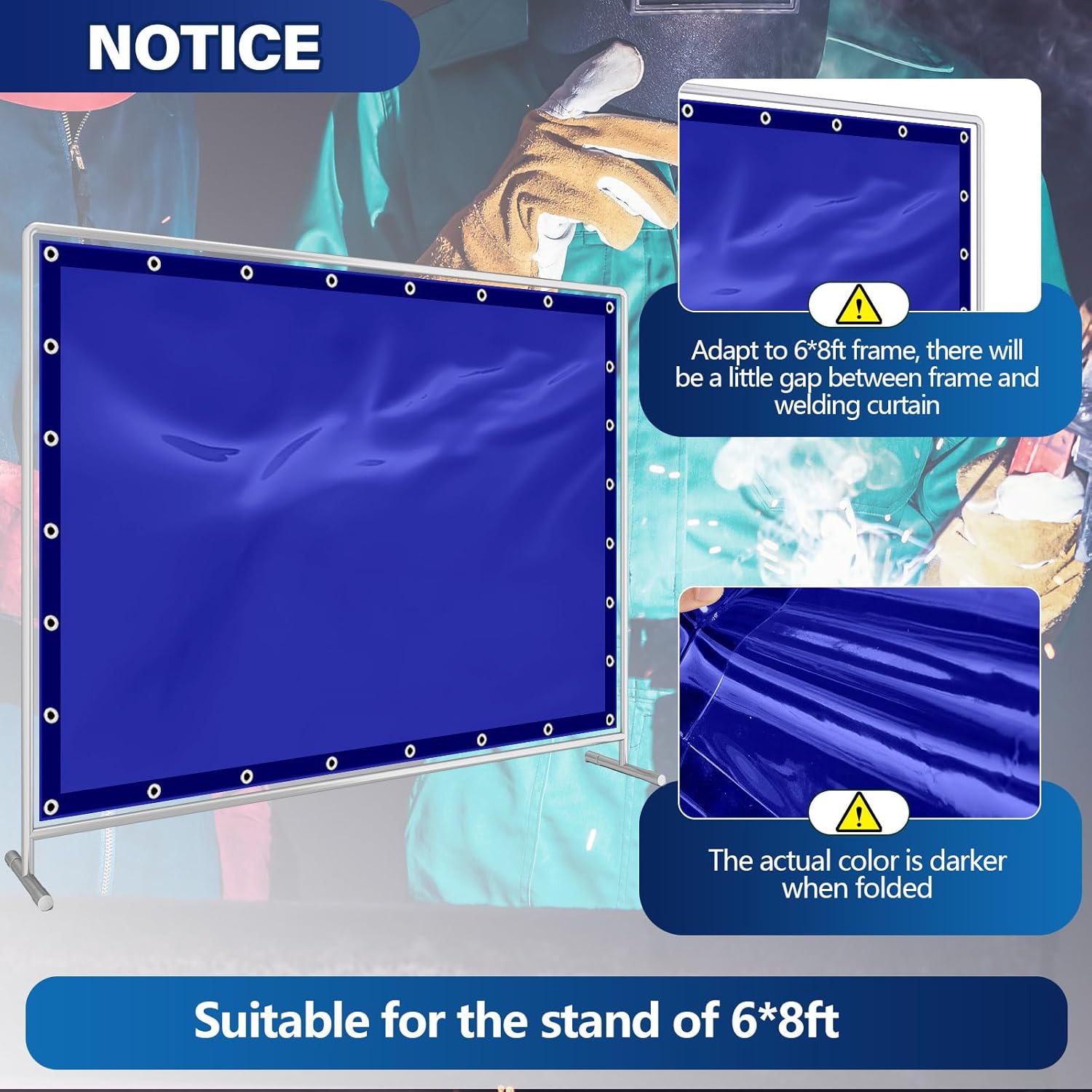 2 Pcs Welding Curtain Safety Blue Transparent Welding Screen with Fixed Belt for the Stand of 6 x 8ft Fireproof Resistant Insulation for Welding Arc Light UV and Blue Light Protection