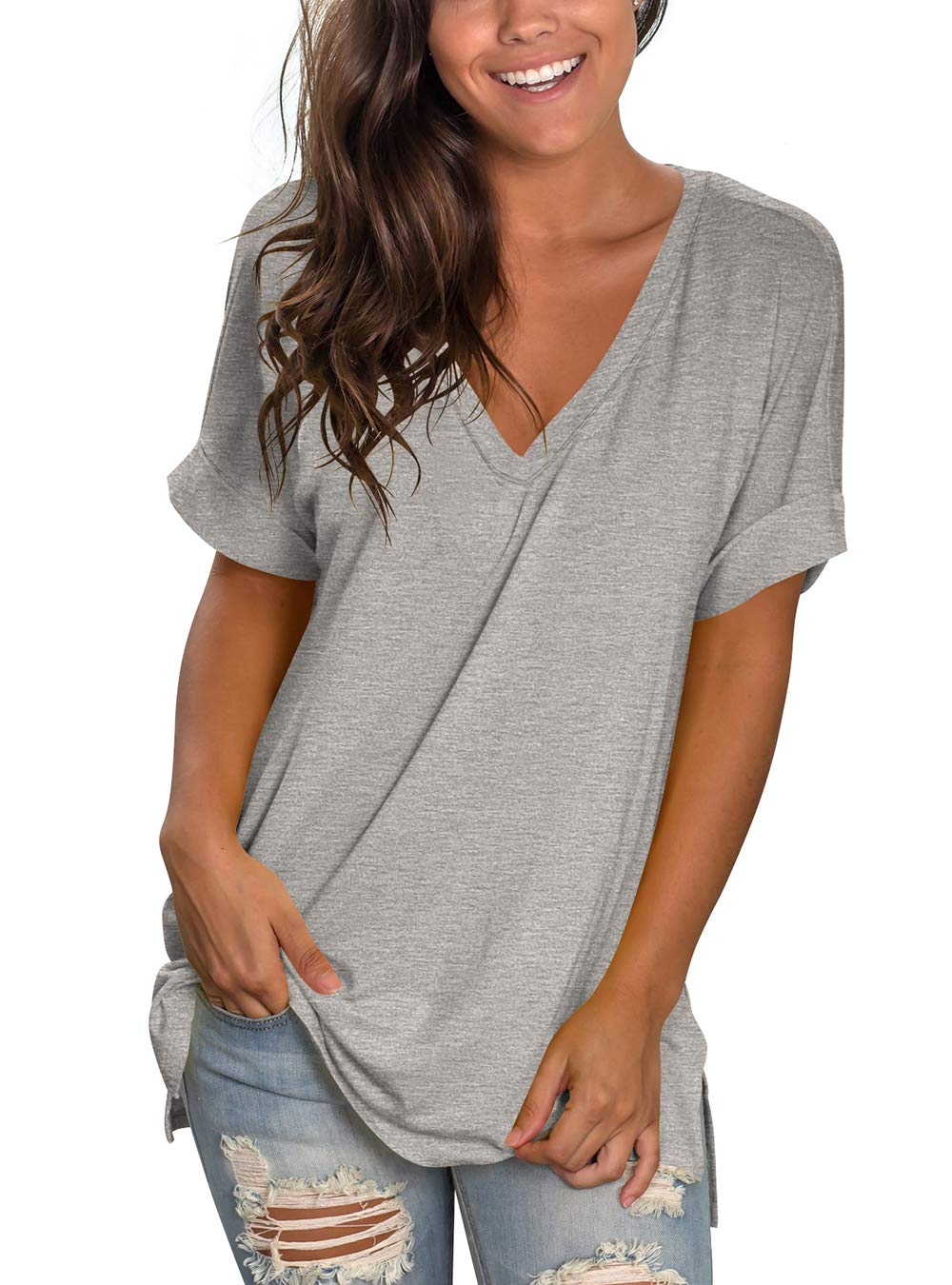 liherWomen's Tshirts Casual V Neck Short Sleeve Loose Summer Tunic Tops