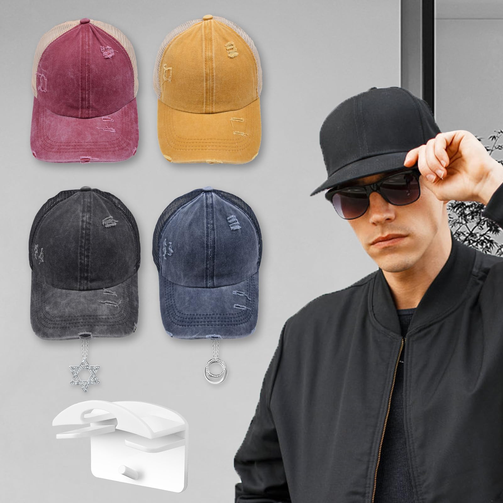 Lot 2 Porte-Casquettes Muraux 8 Crochets Chacun – Organisateur Chapeaux Adhésif, Économie D’Espace, Noir Mat