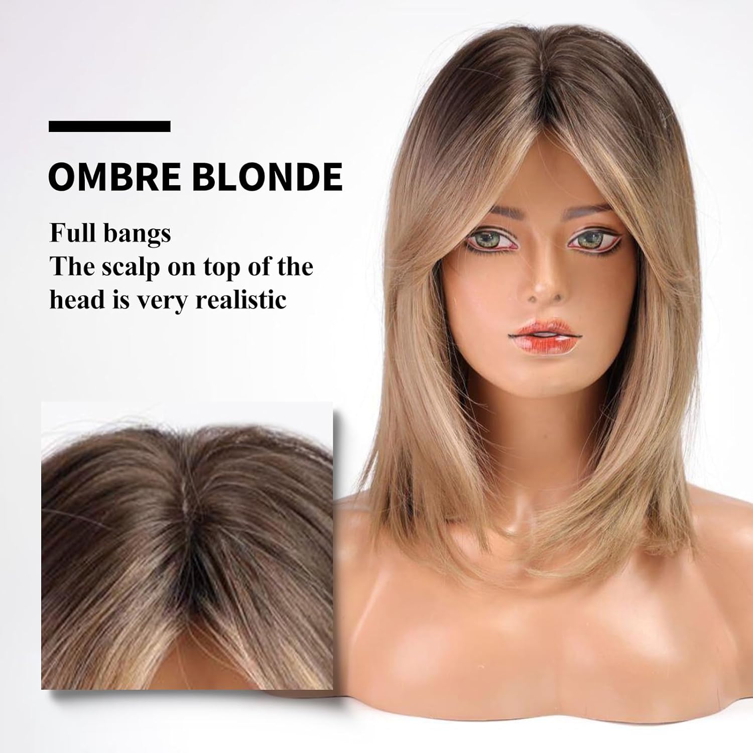 Alanhair Ombre Brown Blonde Wigs for Women Ash Blonde Wig with Curtain Bangs Shoulder Length Natural Synthetic Wig for Daily Use - Image 5