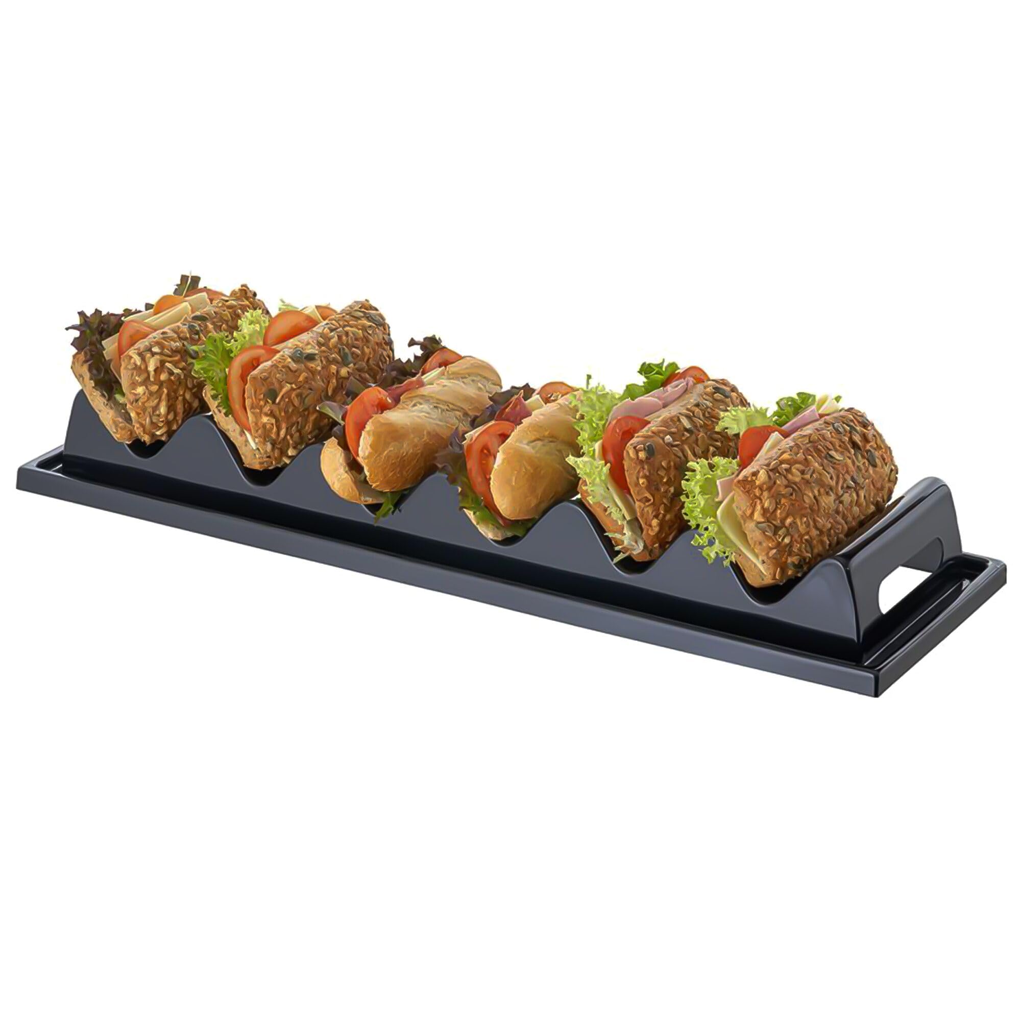 APS 11889 Présentoir à Snacks/Plateau à Snacks - 6 Compartiments, 60 x 19 cm, Hauteur 7,5 cm, polystyrène, Noir, avec rainure pour jus et poignée encastrée, fabriqué en Allemagne
