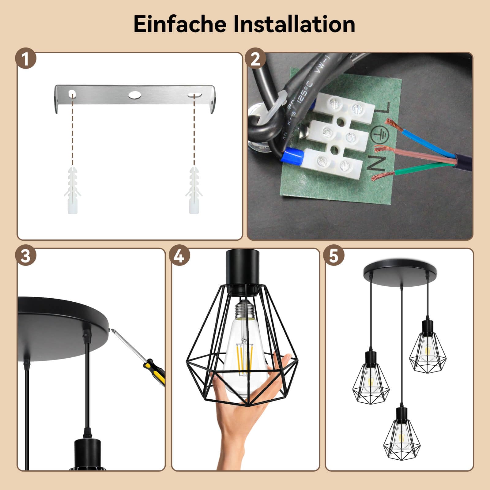 HiBay Hängelampe Esstisch E27 Pendelleuchte Vintage Küchenlampe Hängend 3 Flammig Esszimmerlampe Schwarz Hängeleuchte für Flur Wohnzimmer Schlafzimmer Max. 60W Ohne Leuchtmittel