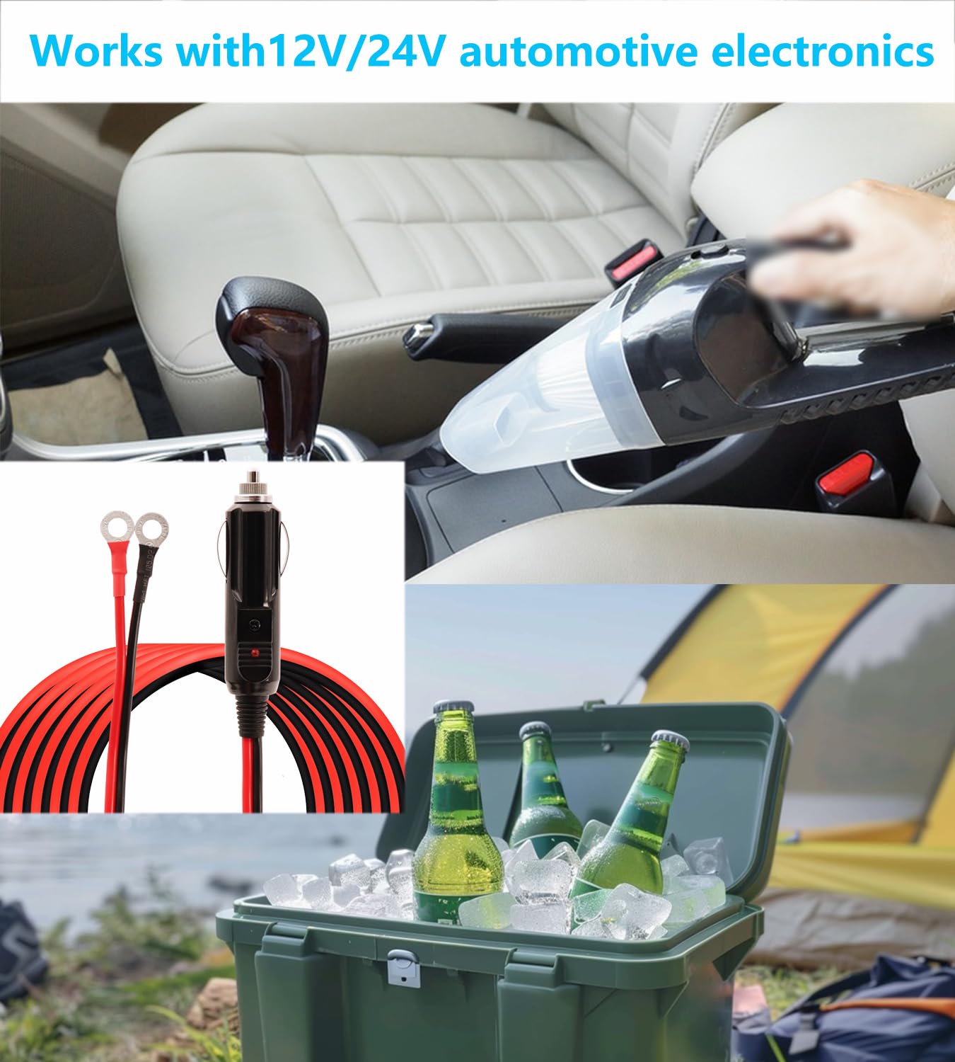 Zapalniczka samochodowa do zacisku O-ring 12 V-24 V, wtyczka do zapalniczki samochodowej, kabel przedłużający z bezpiecznikiem 15 A, do pompy powietrza, kubka elektrycznego i DIY, 10stóp