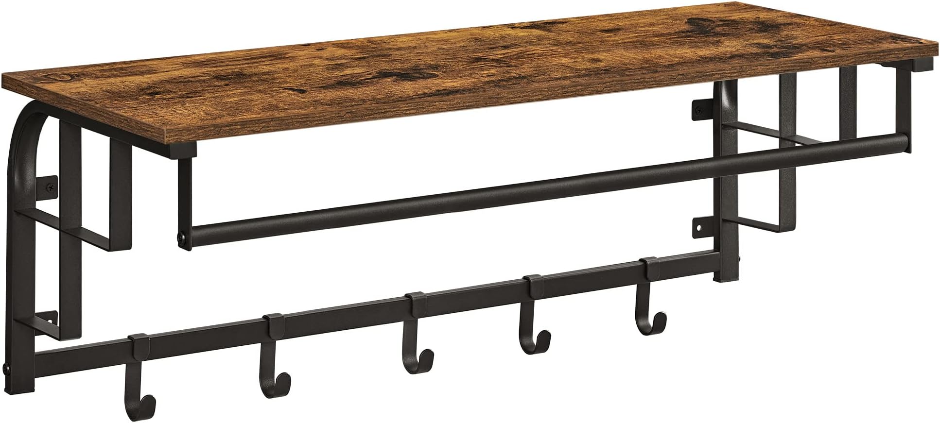VASAGLE Coat Rack Wall-Mounted, Clothes Rail with 5 Removable Coat Hooks, Floating Shelf with Hanging Rail, for Hallway, Bedroom, Living Room, Rustic Brown and Black LCR102B01