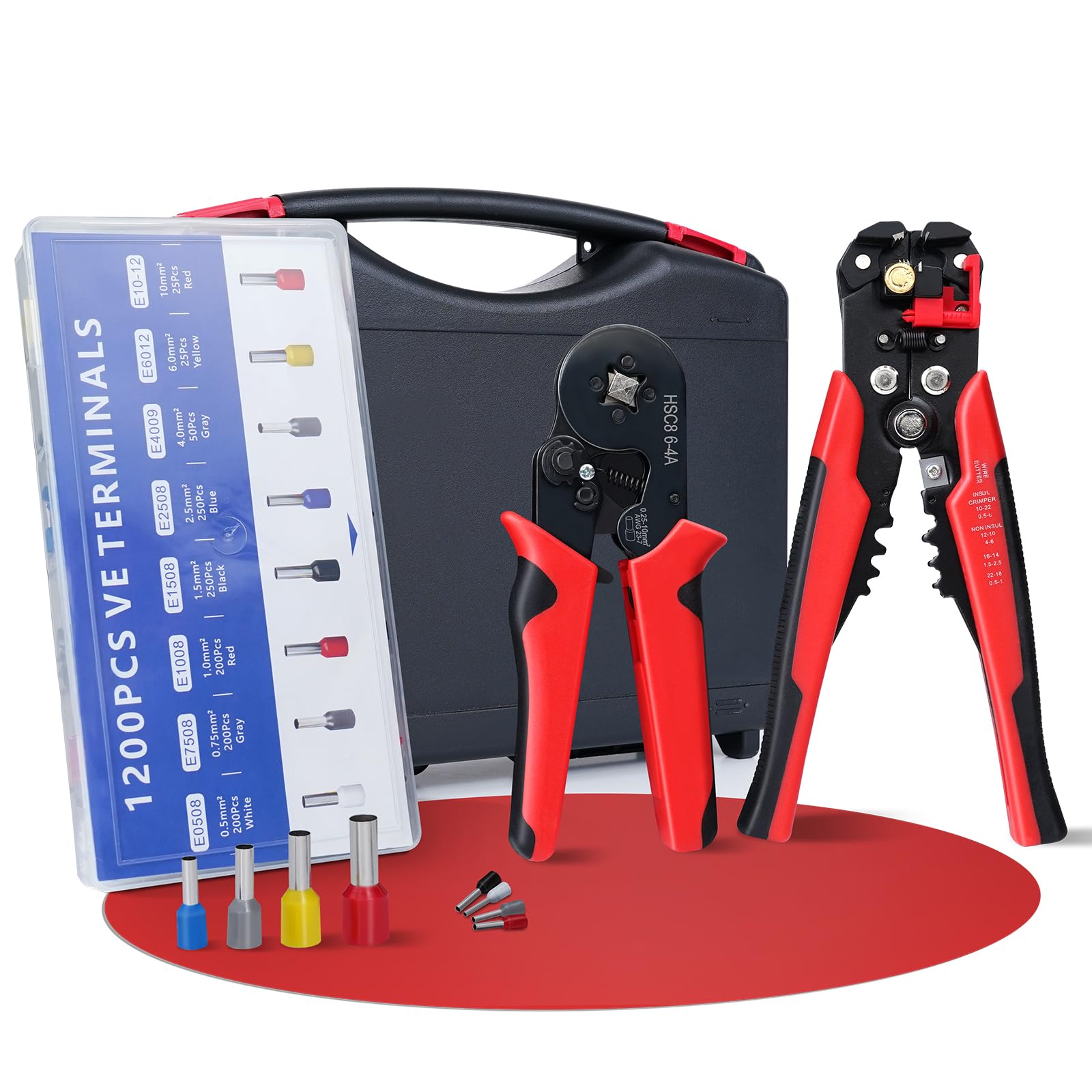 HYCHIKA Ferrule Crimping Tool, 3-in-1 Automatic Wire Stripper, Crimping Pliers Set with 1200PCS 0.25-10mm²(AWG 24-8) Terminals, Wire Crimping Tool, Crimp Connectors
