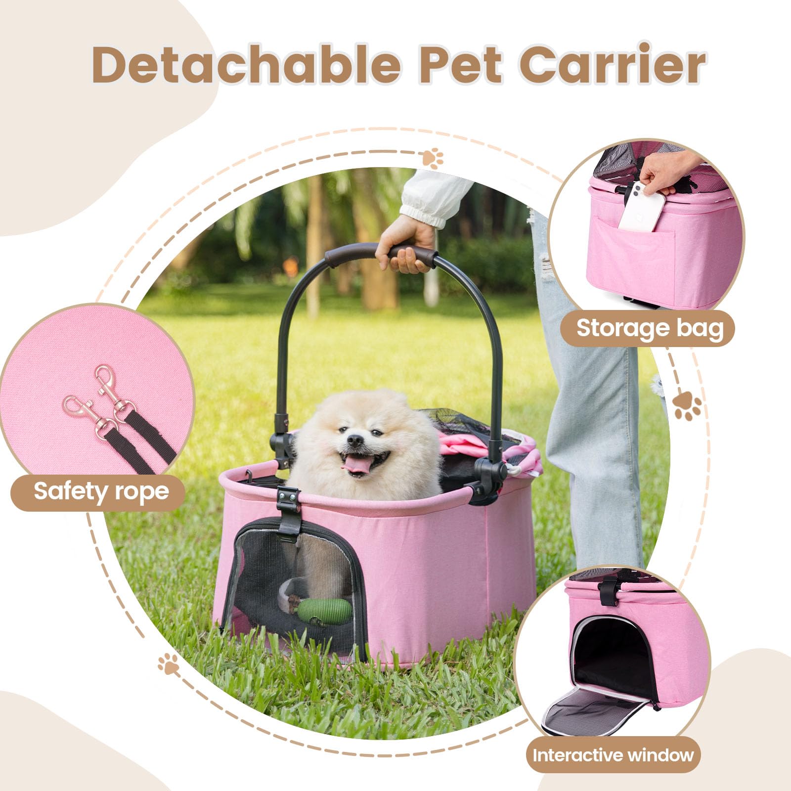 Haustier-Kinderwagen, Faltbarer Katzen-Hunde-Kinderwagen, Haustier-Hunde-Kinderwagen mit Aufbewahrungskorb, 360° Vorderrad Hinterrad mit Bremse, Leichter Reise-Kinderwagen (Rosa-P02C)