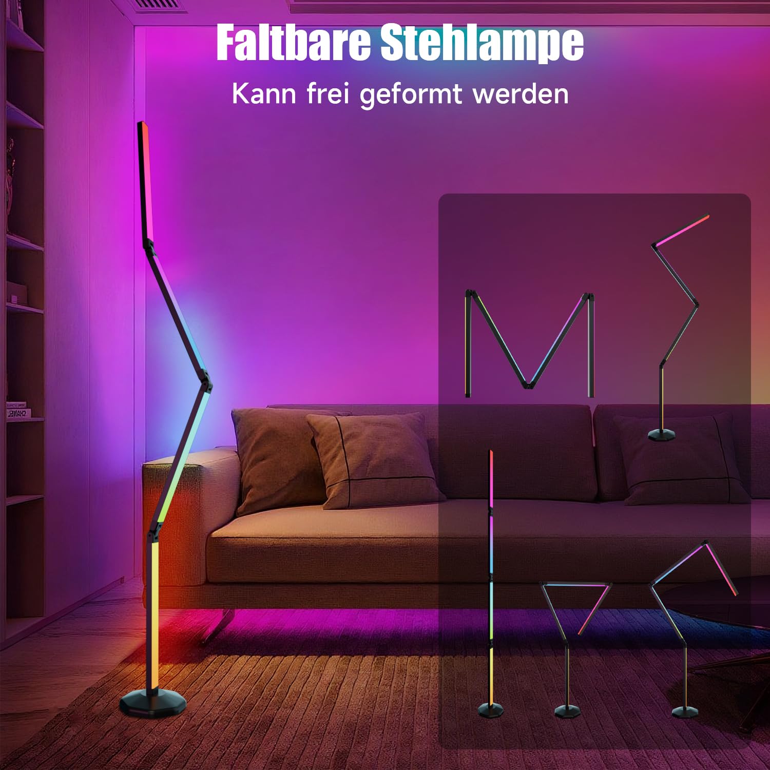 RGB LED Stehlampe Wohnzimmer 170cm, Modern Smart Stehlampe Dimmbar Faltbar mit Fernbedienung und App, 16 Millionen Farben, 99 Szenenmodi, Diy-Modus&Timing, Ecklampe für Schlafzimmer Gaming