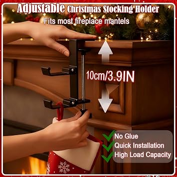 4 Pack Stocking Holders for Mantle for Christmas Decorations,2 in 1 Mantle Garland Holder for Hanging Christmas Stockings,No Drilling Required & Adjustable Garland Hanger, Metal (4 Black)