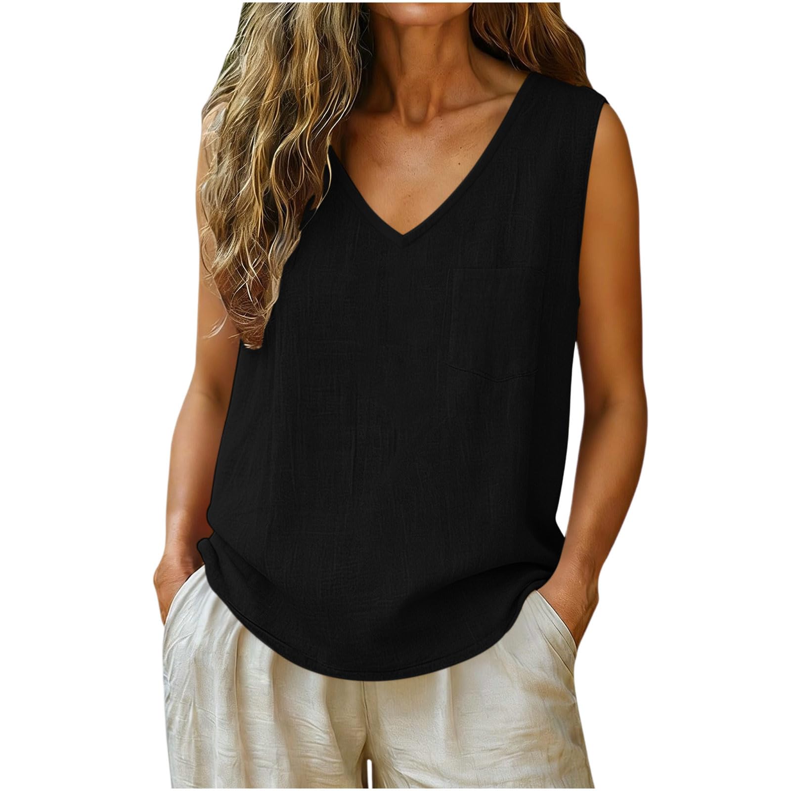 Tank Top Femme Coton et Lin Respirant Débardeur Col en V Tee Shirt sans Manche Haut Femme Maillot de Corps Décontracté Crop Top Élégant D'été Sport Hauts Couleur Unie Vêtements Chic