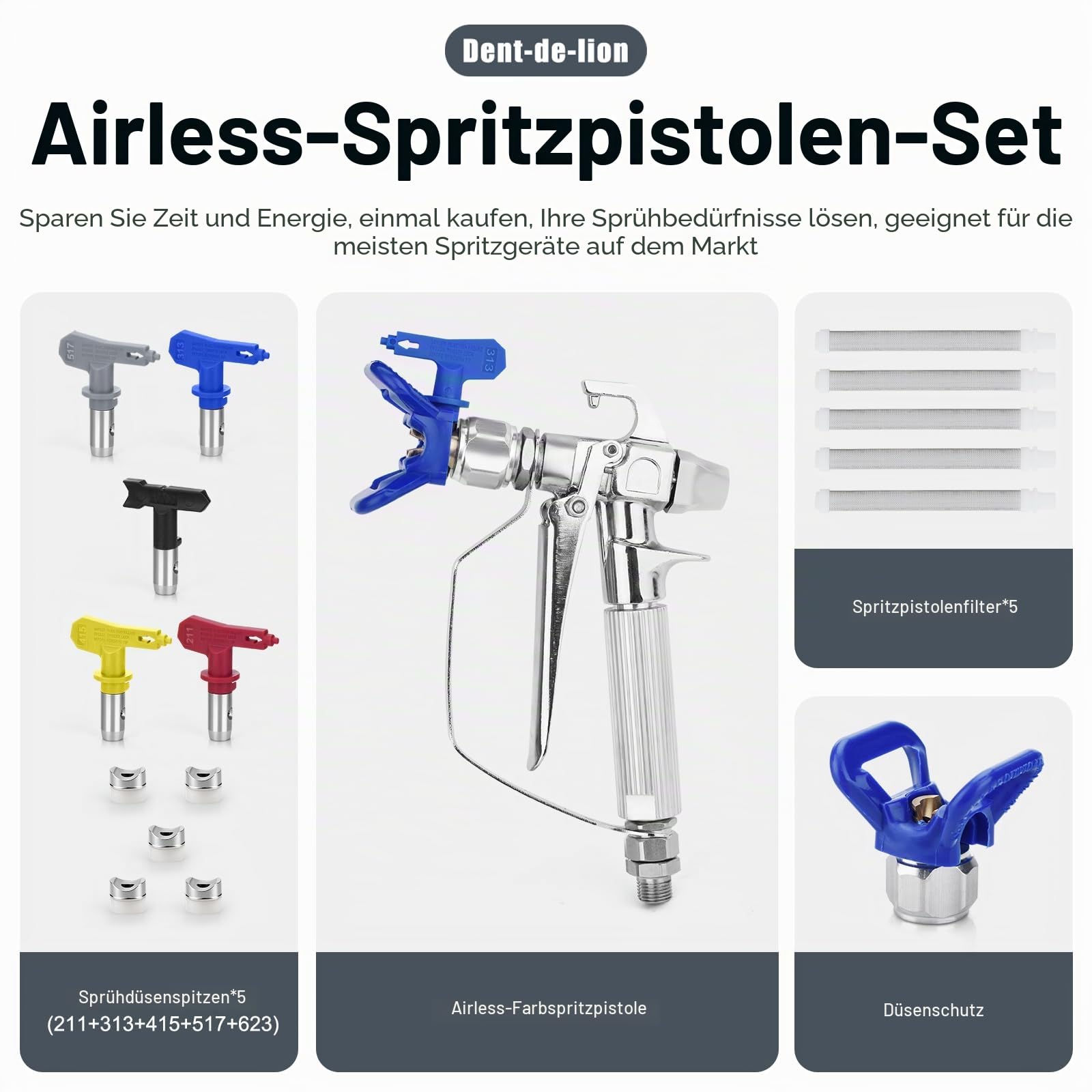 Airless Lackierpistole, Hochdruck, 3600 PSI, 5-teilig, Airless-Lackierpistole, Filter, 5 Düsendüsen, 1 Düsenhalter