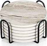 LIFVER Coasters Set of 6, Coasters for Drinks Absorbent Stone with Holder, Black Marble Style Ceramic Drink Coaster for Tabletop Protection, Coffee Table Decor Ideal for Home Decor House Warming Gifts Yellow Marble 6 Pack