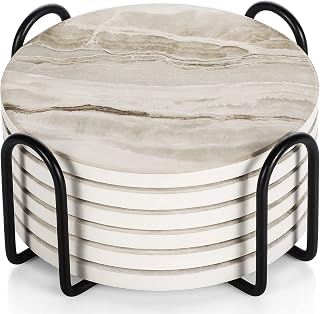 LIFVER Absorbent Ceramic Coasters Set of 6 with Holder - Black Marble Stone Drink Coasters for Table Protection, Coffee Table Decor & Housewarming Gifts