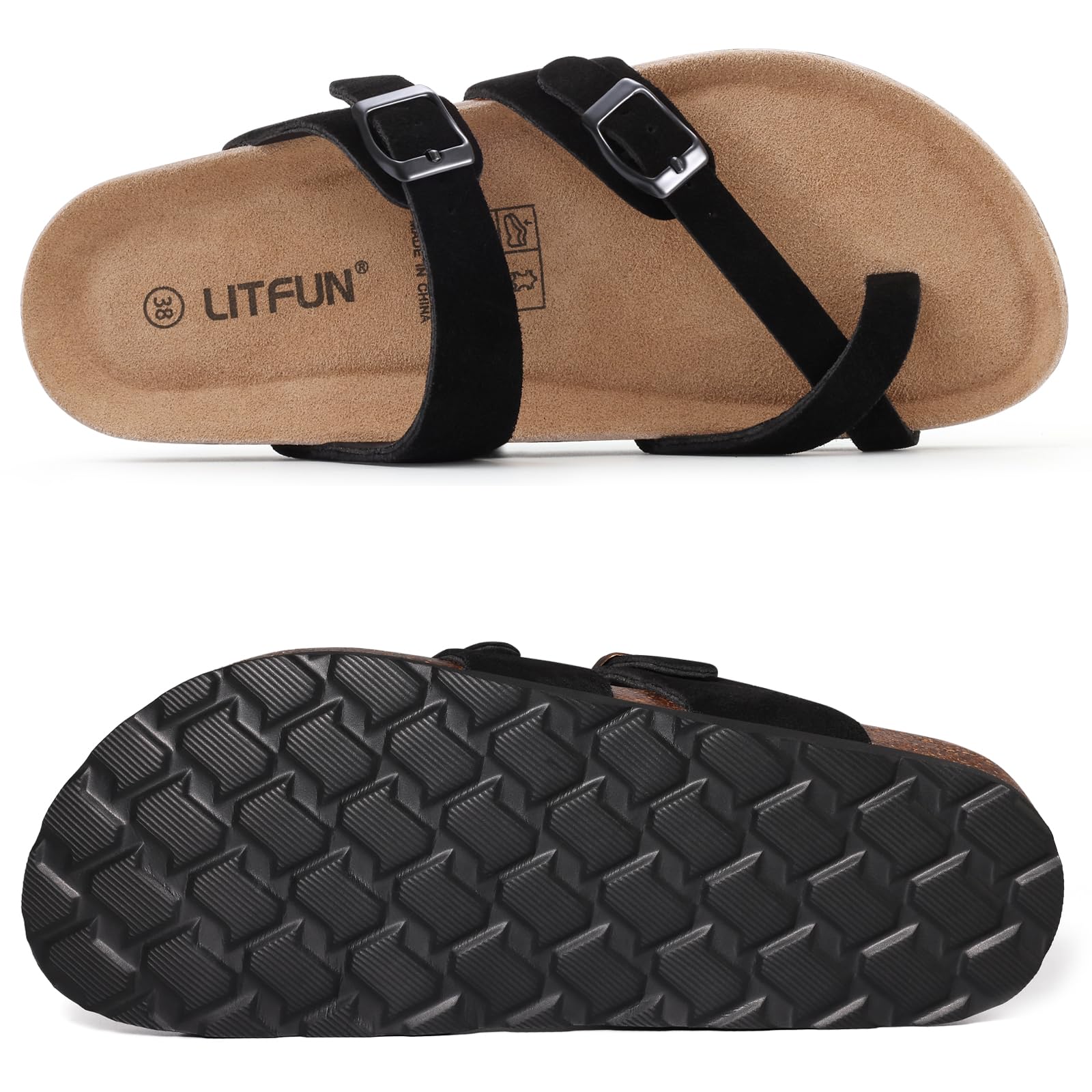 Litfun Damen Wildleder Pantoletten Sandale mit Korkfußbett, Sommer Zehentrenner Sandale mit verstellbarer Schnalle
