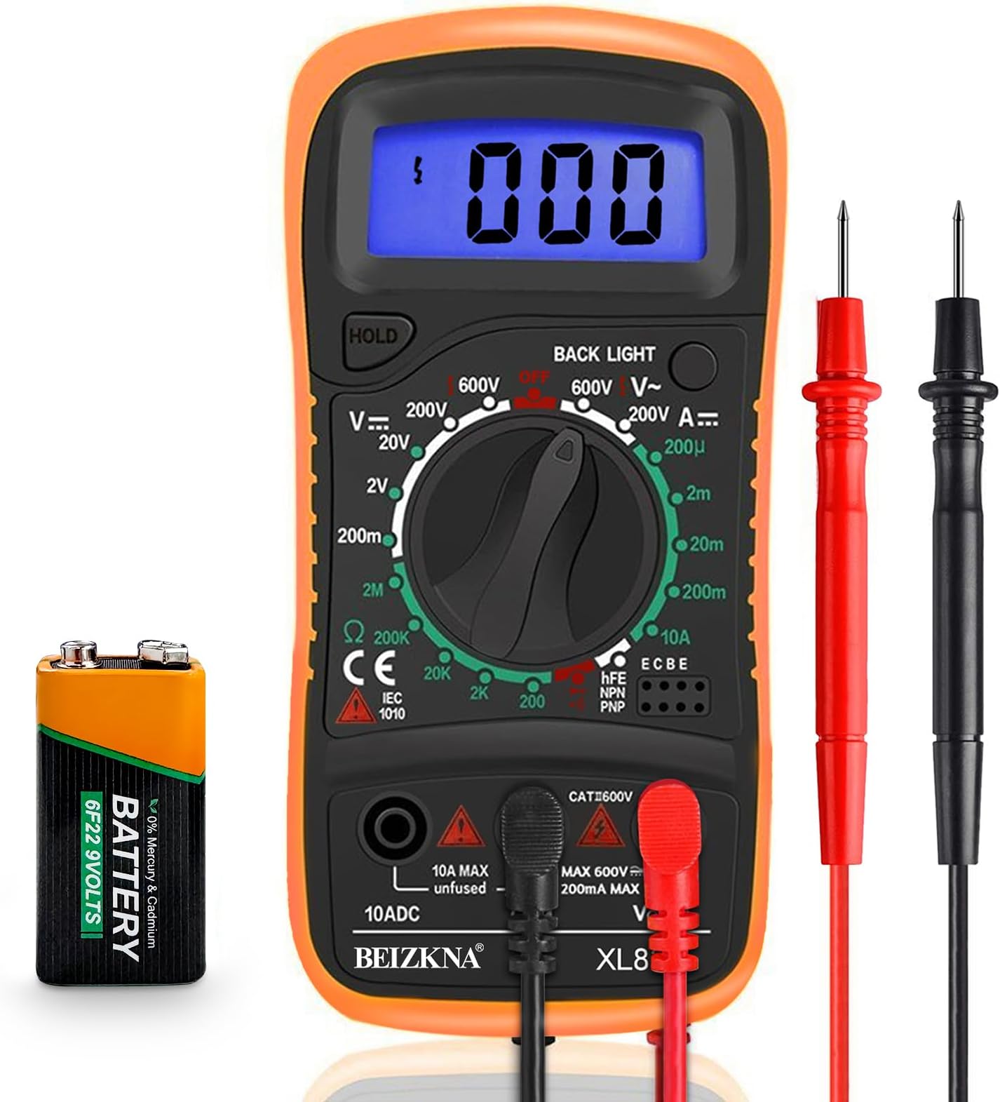 Beizkna Digital Multimeter Voltmeter Battery Voltage Multi Tester AC DC Volt OHM Amp Current Meter Continuity Circuit Resistance Diode Ammeter Electrical Tester with Test Leads Backlight LCD Display