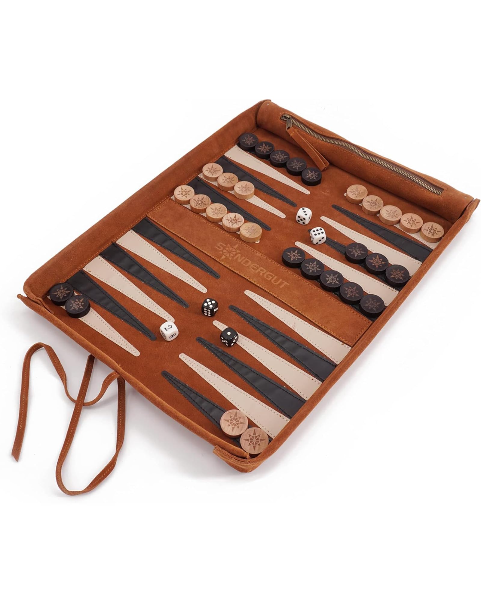Sondergut Backgammon Deluxe – Design brevettato pieghevole e vera pelle – Design elegante – Pietre da gioco in legno di faggio di alta qualità, 30 x 40 cm