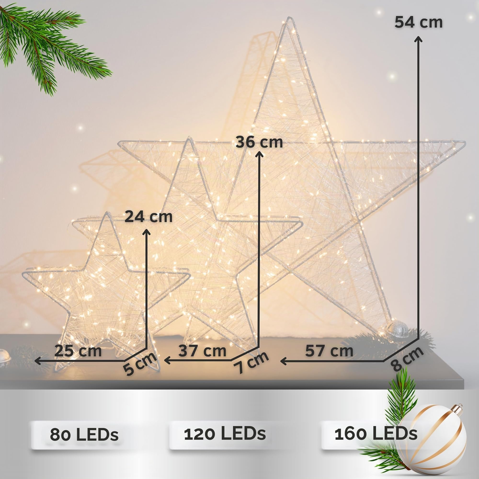Batteriebetriebener LED Weihnachtsstern silber mit Fernbedienung & Timer - dimmbar - Dekostern beleuchtet mit warmweißen LEDs Innen und Außen Weihnachtsdeko Fensterdeko (Silber, 160 LEDs - B57xH54xT8)