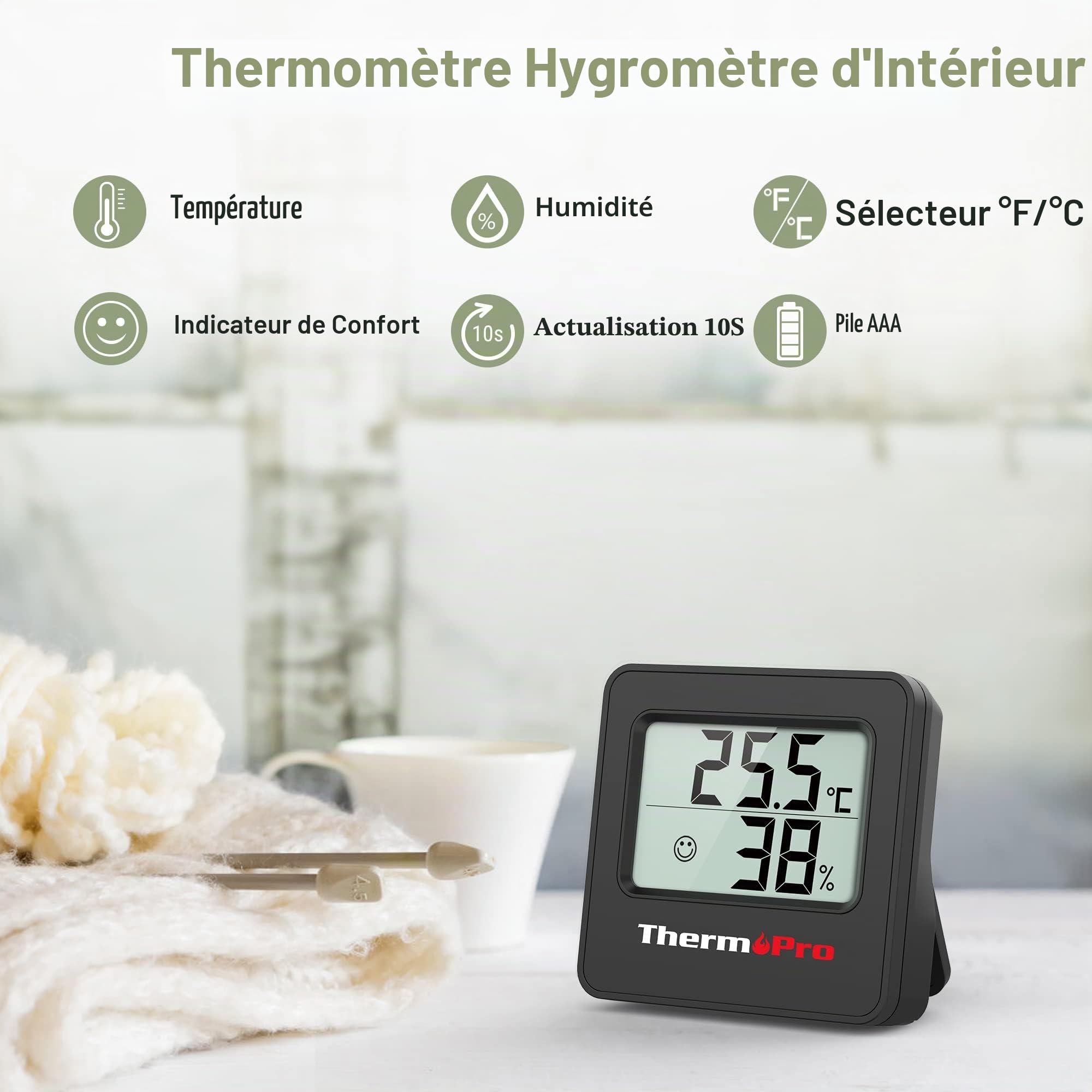 ThermoPro TP157-3 Hygromètre Digital Thermometre Interieur, Thermomètre Chambre Bébé avec Capteur d'humidité de Température et Icône de Visage Indicateur de Confort pour Serre, Cave à Vin, Bureau