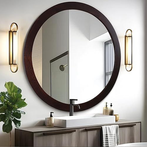 Miniatura 22 de CULER Espejo redondo de madera de 24 pulgadas, espejo circular con marco de nogal para pared, espejo de pared redondo decorativo rústico para baño