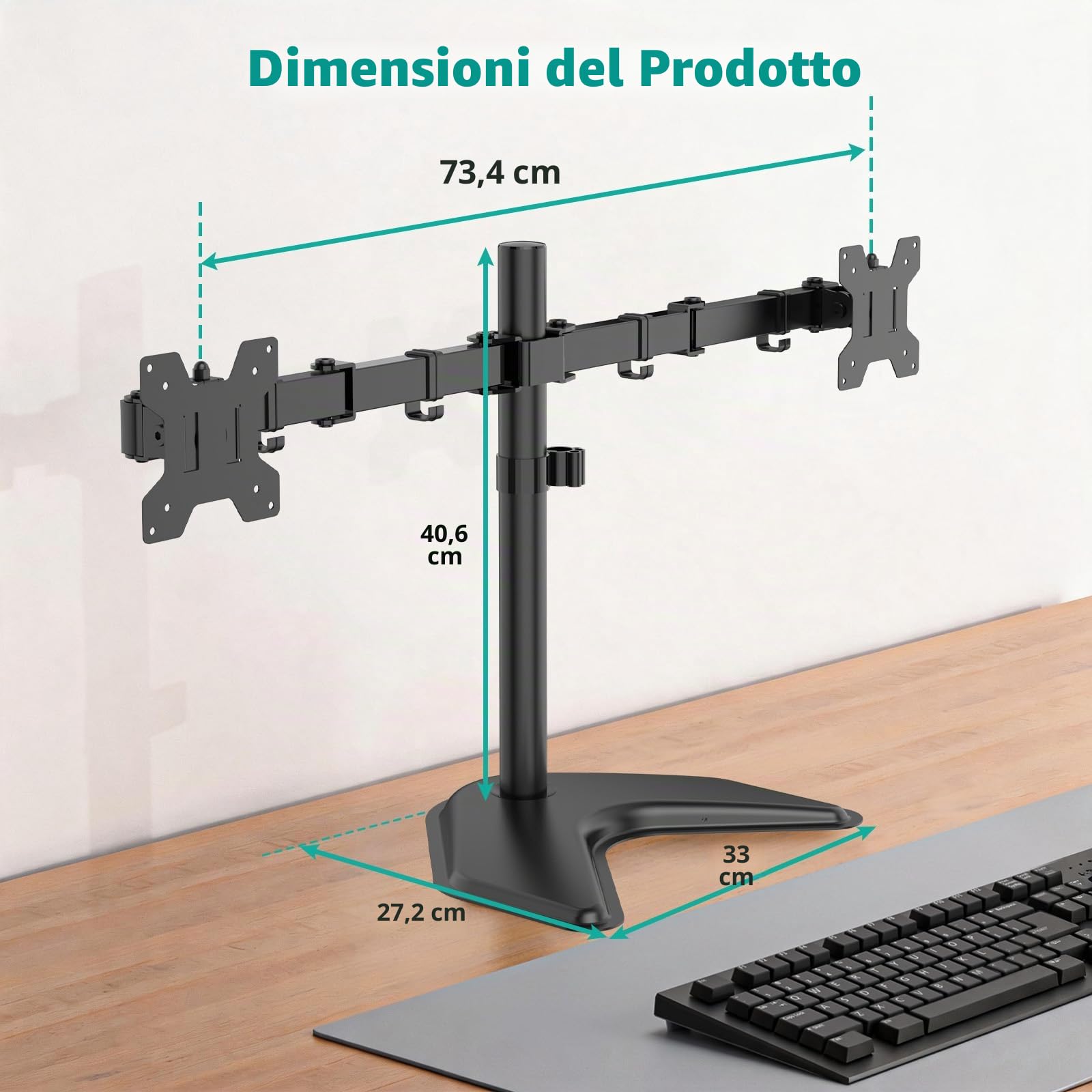 WALI, Doppio supporto da scrivania completamente regolabile per 2 monitor LCD fino a 27", 10 kg di capacità di carico per braccio, con base con occhiello (MF002), nero