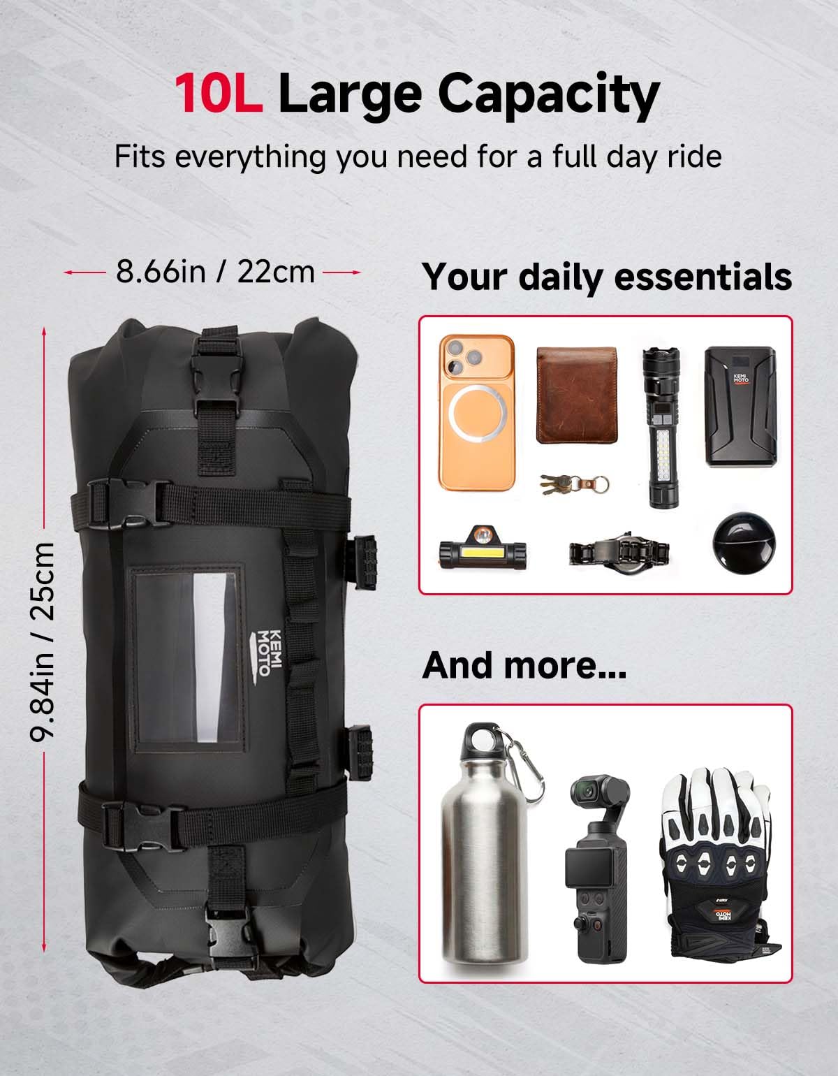 KEMIMOTO Sacoche Guidon Vélo 10L, Sacoche Avant Vélo Imperméable en PVC 300D avec Sangles Antidérapantes pour VTT, Velo de Route, Gravel et Velo Électrique