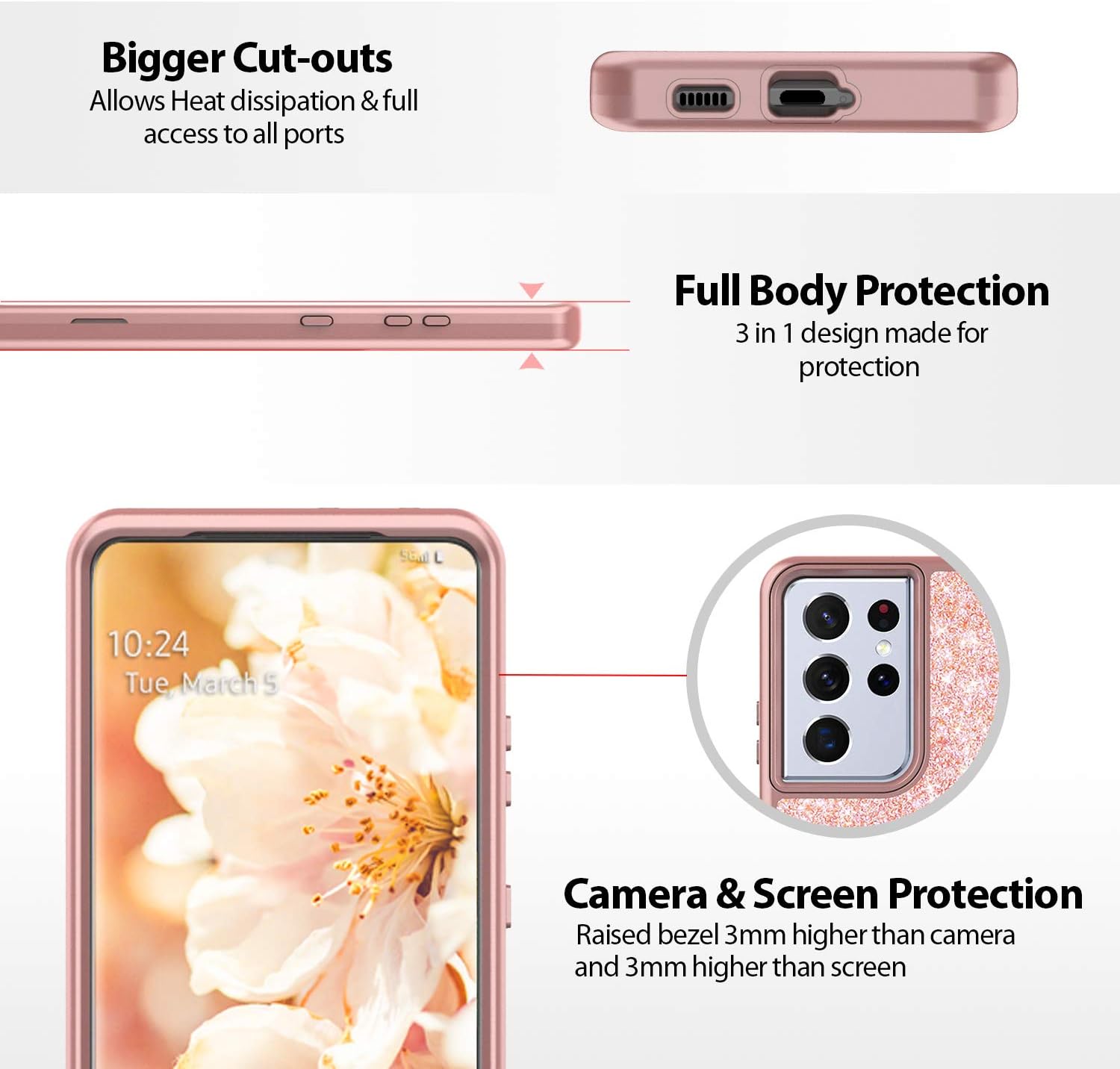 Coolwee Pink Full Protective Case for Galaxy S21 Ultra 5G Heavy Duty Hybrid 3 in 1 Rugged Shockproof Women Girls Transparent for Samsung Galaxy S21 Ultra 6.8 inch Rose Gold