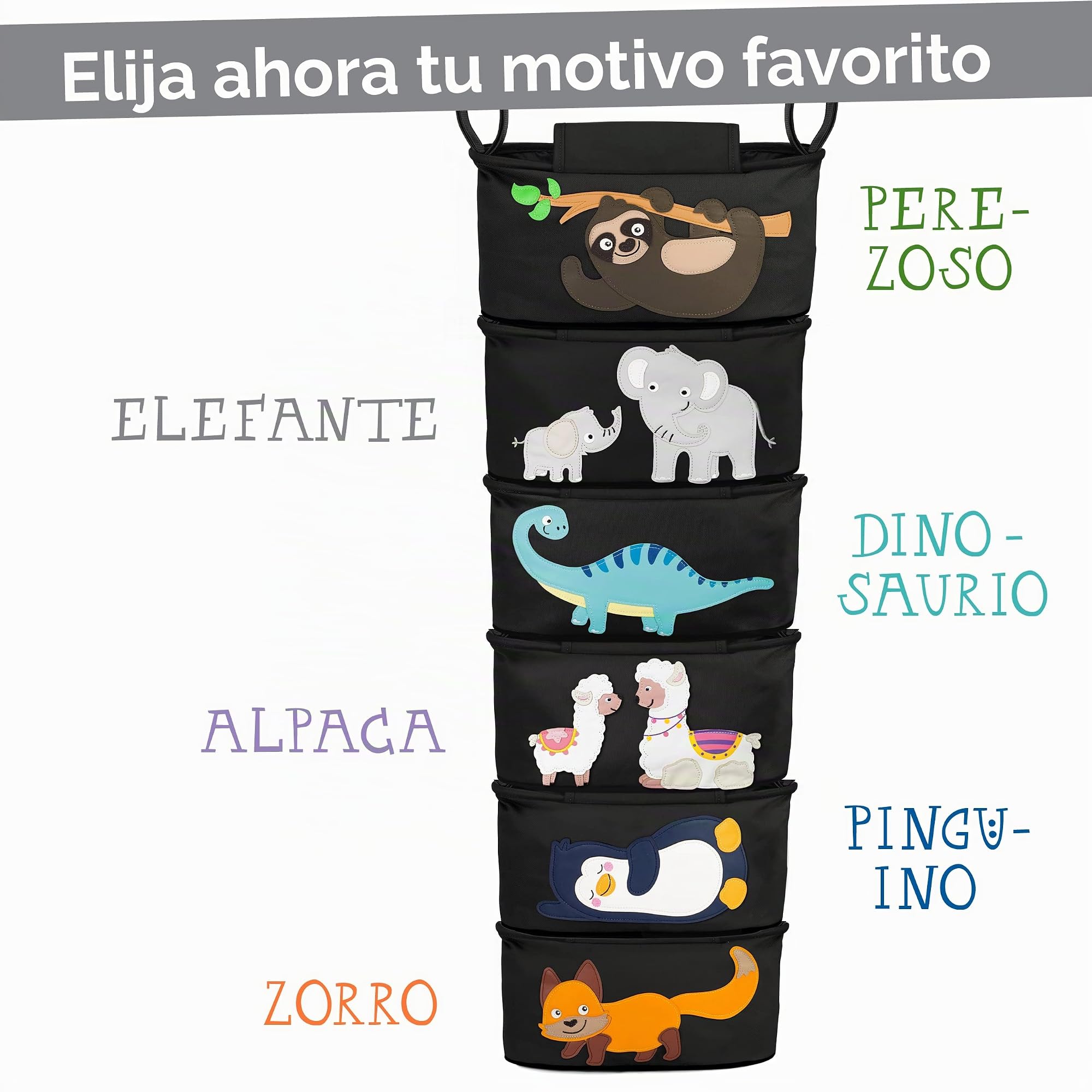 GLÜCKSWOLKE Bolsa Carro Bebe - 12 Motivos I Organizador para Coches de Paseo I Accesorios para Cochecito para Mama I Bolso Carrito I Bolsos Sillas de Paseo I Motivo Elefante (Negro)