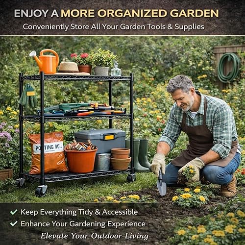 Miniatura 8 de Estantería de alambre rodante de 3 niveles con ruedas, estante de almacenamiento de metal resistente de 36.9 x 18.6 pulgadas, estantes ajustables,