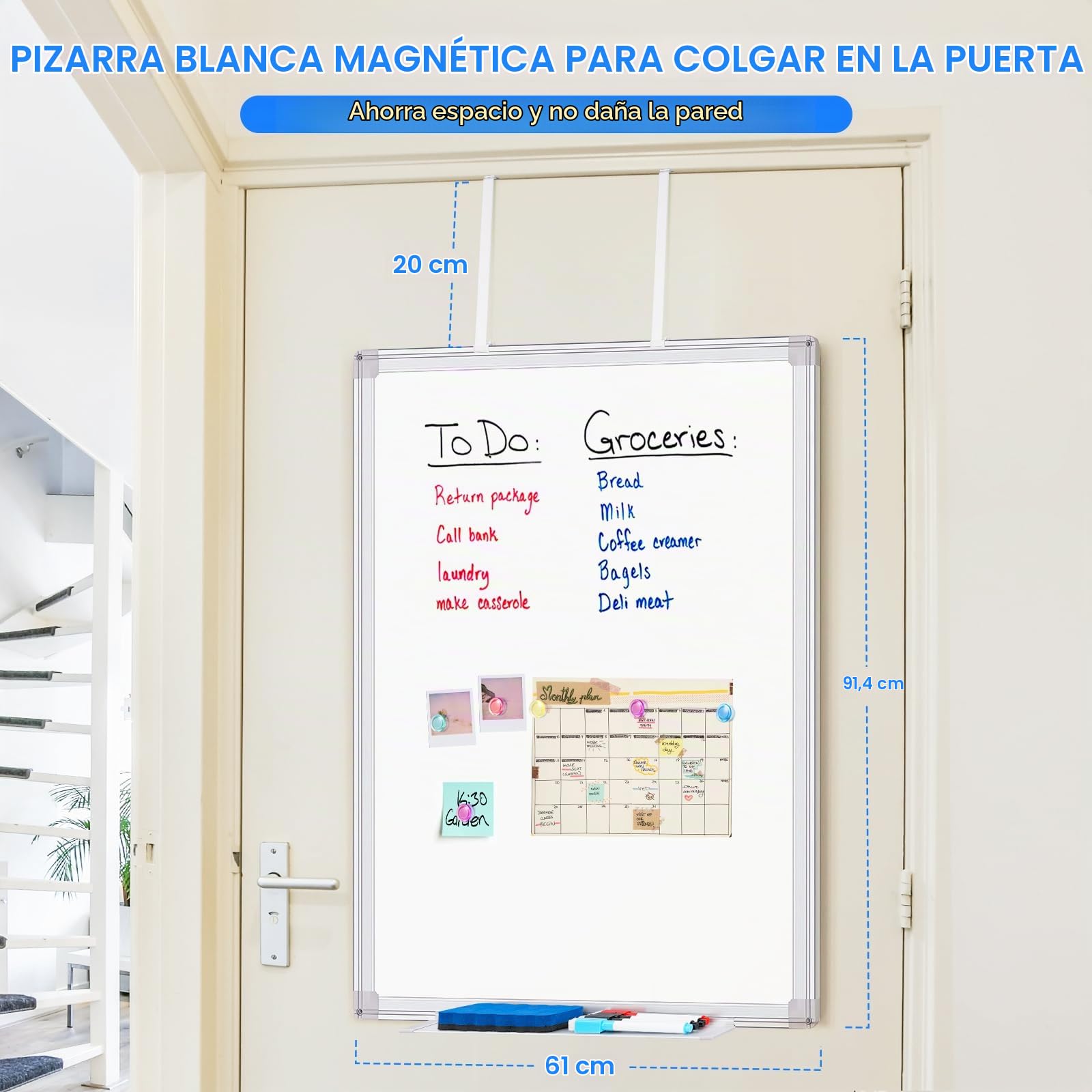 Pizarra magnética de borrado en seco para puertas, pizarra blanca de 36 x 24 pulgadas con soporte de gancho largo ajustable, fácil de instalar, pizarra blanca colgante portátil para el hogar