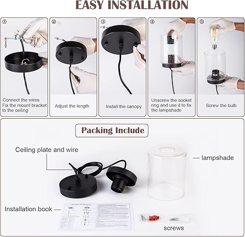 Miniatura 8 de Paquete de 3 lámparas colgantes de vidrio semillado, iluminación colgante negra, moderna, mini iluminación colgante, cable ajustable para cocina,