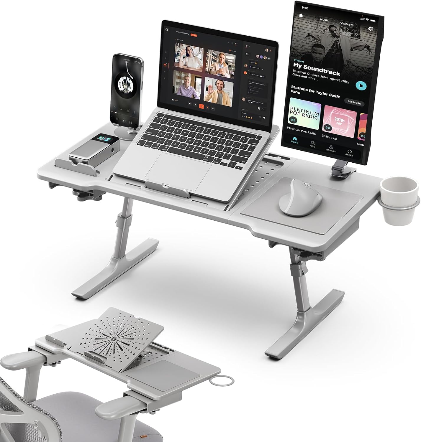 Newtral Laptop Bed Tray Desk, Height & Angle Adjustable Foldable Laptop Stand w/Cup Holder, Mousepad, Laptop Table Bookstand for Gaming, Working, Sofa & Office Chairs Use (Grey, Upgrade) Gray upgrade