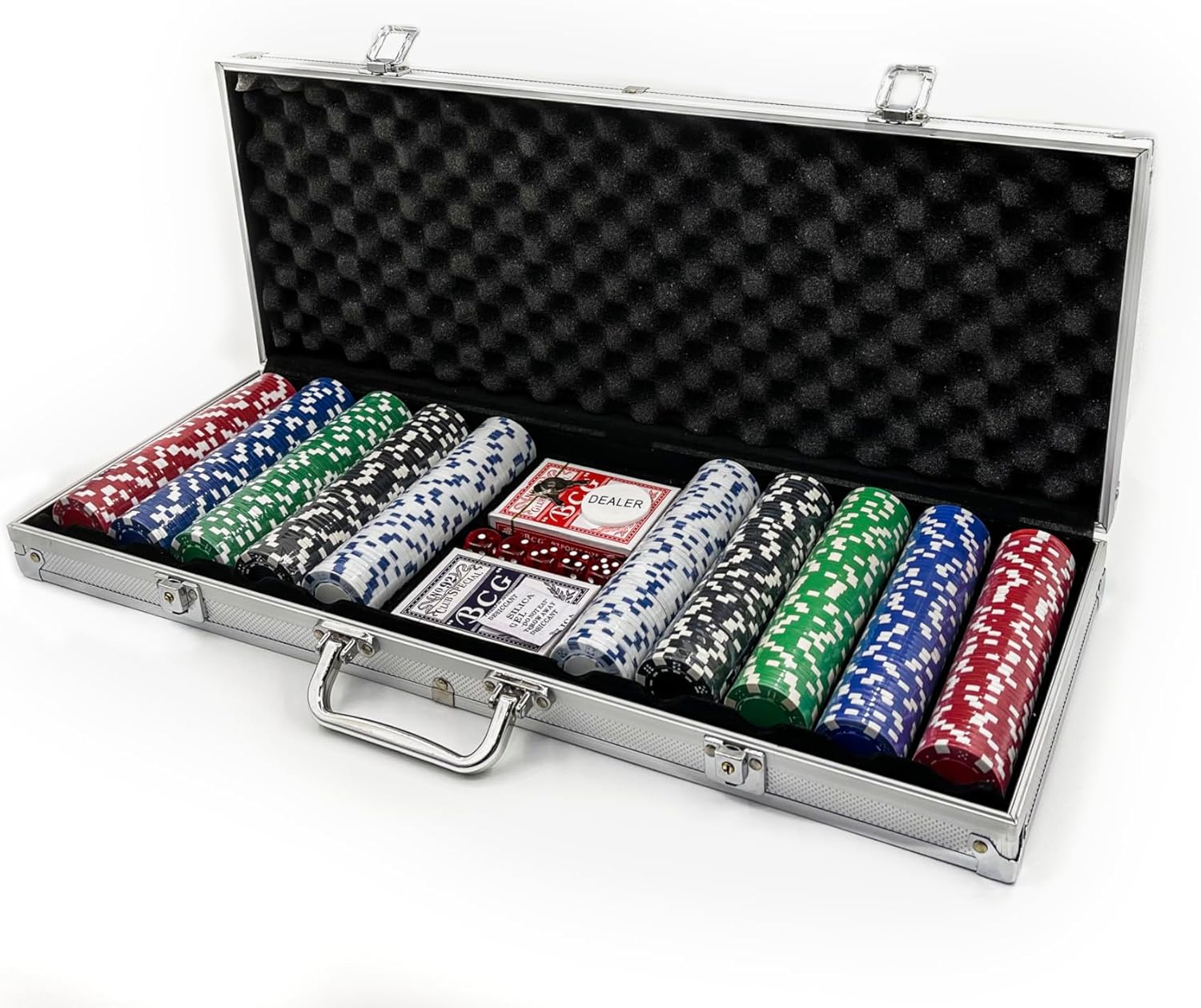 Tradeopia 500 Poker Chips Set with Aluminum Case, Includes 1 Dealer Chip, 2 Deck of Cards, 5 Red Dice, Texas Holdem Poker Set