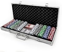 Vista 1 de Tradeopia Juego de 500 fichas de póquer con estuche de aluminio, incluye 1 ficha de distribuidor, 2 barajas de cartas, 5 dados rojos, juego