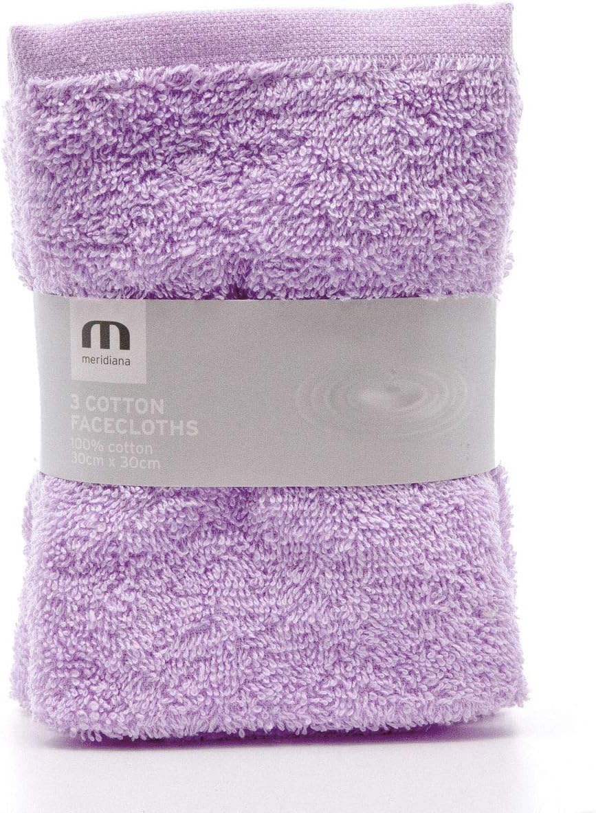 Meridiana Super Soft 100% Cotton Family Washcloths. Machine Washable. Lavender. 3 Pack. 30cm x 30cm