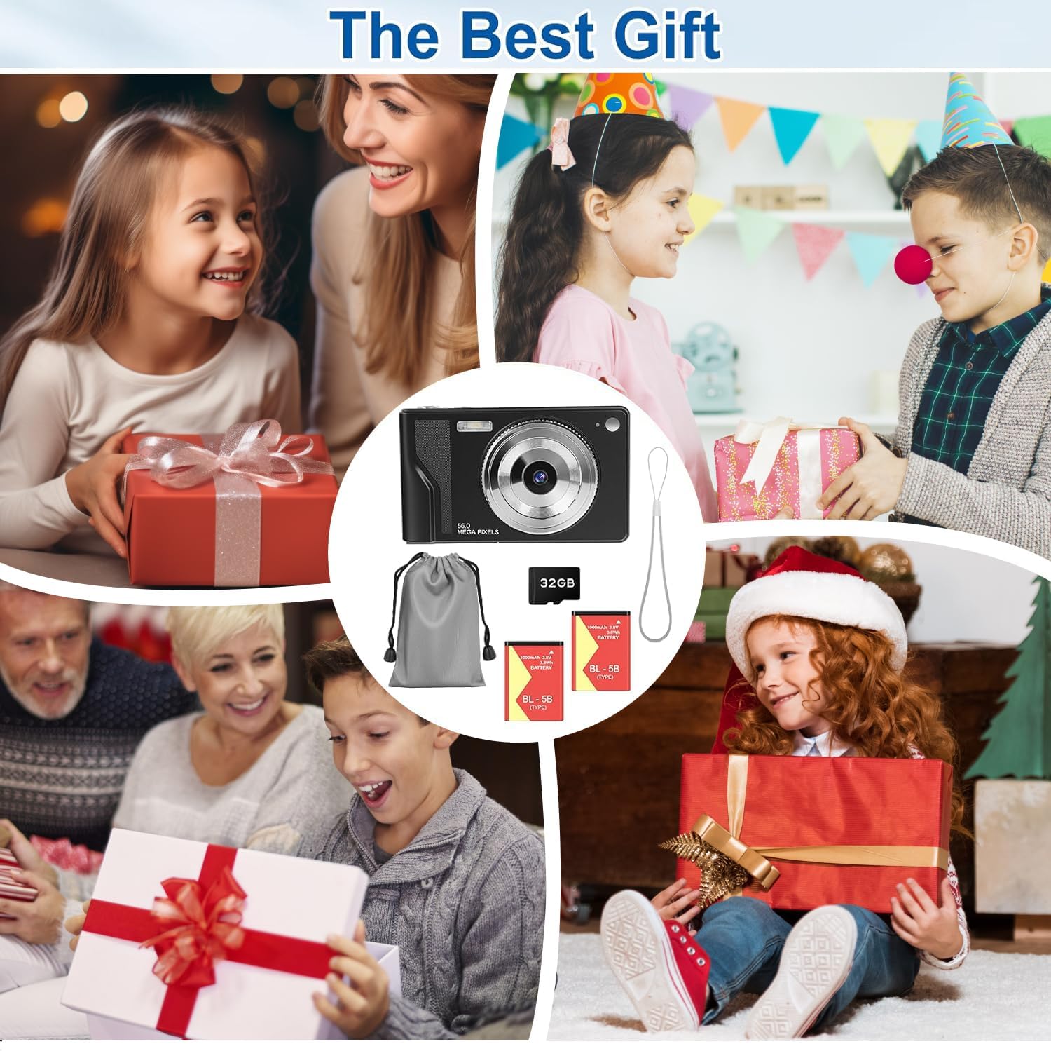 Digital Camera for Kids, Teens & Beginners - 56MP 1080P FHD, 16X Digital Zoom, 2.8" LCD, 32GB TF Card & 2 Batteries, Compact Point-and-Shoot, Portable Starter Camera - Black