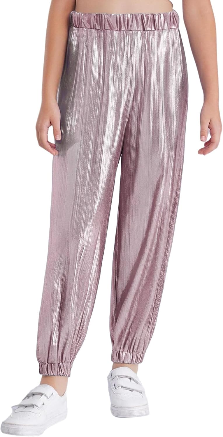 Girls Metallic Hip Hop Jazz Dance Pants Shiny Elastic Waist Harem Jogger Trousers Performance Bottoms