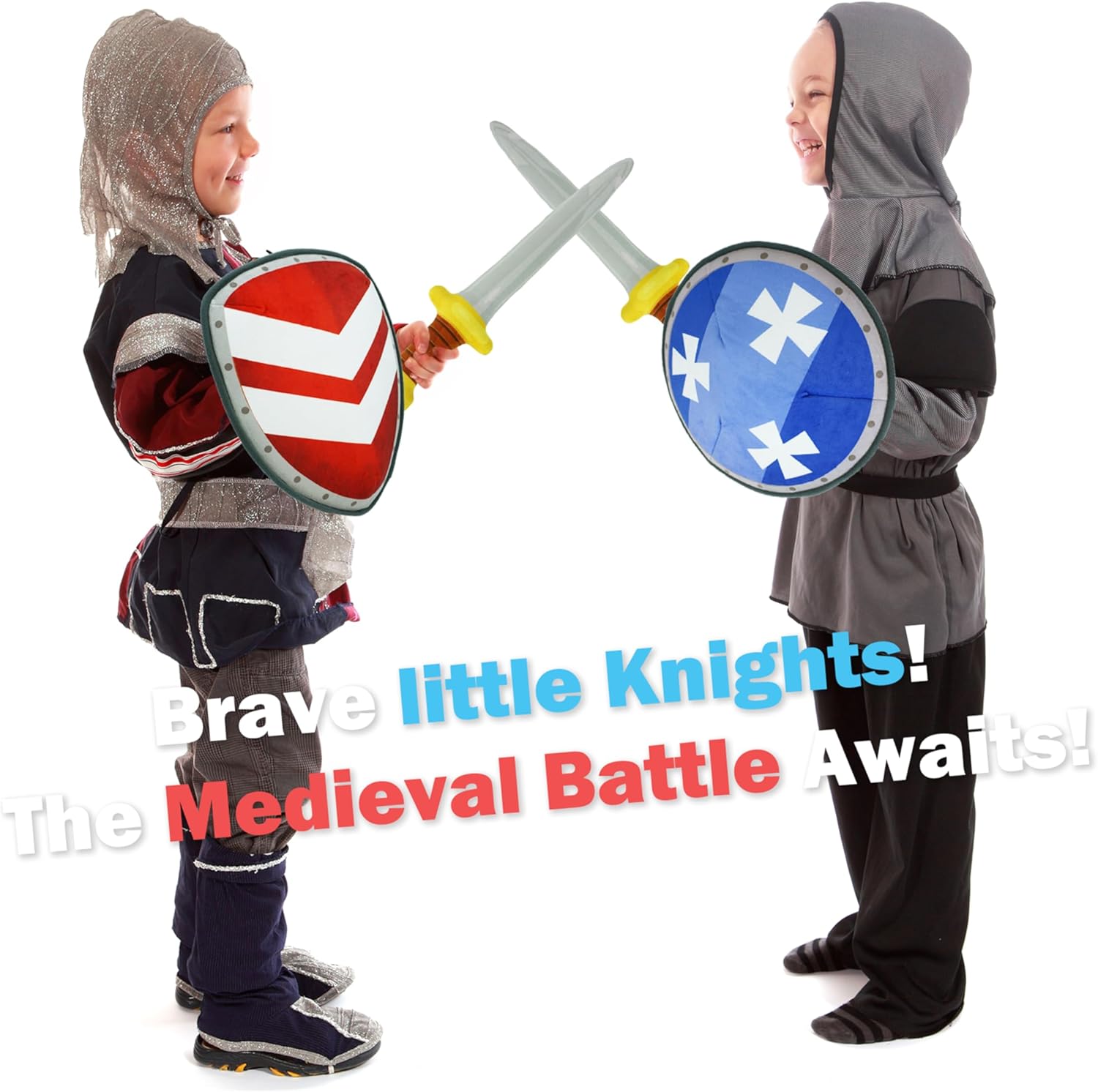 June Garden 4 PCs Little Knights Sword and Shield Playset - Safe Plush Soft Pretend Play Weapons - Gifts for Kids - 2 Swords and 2 Shields Set