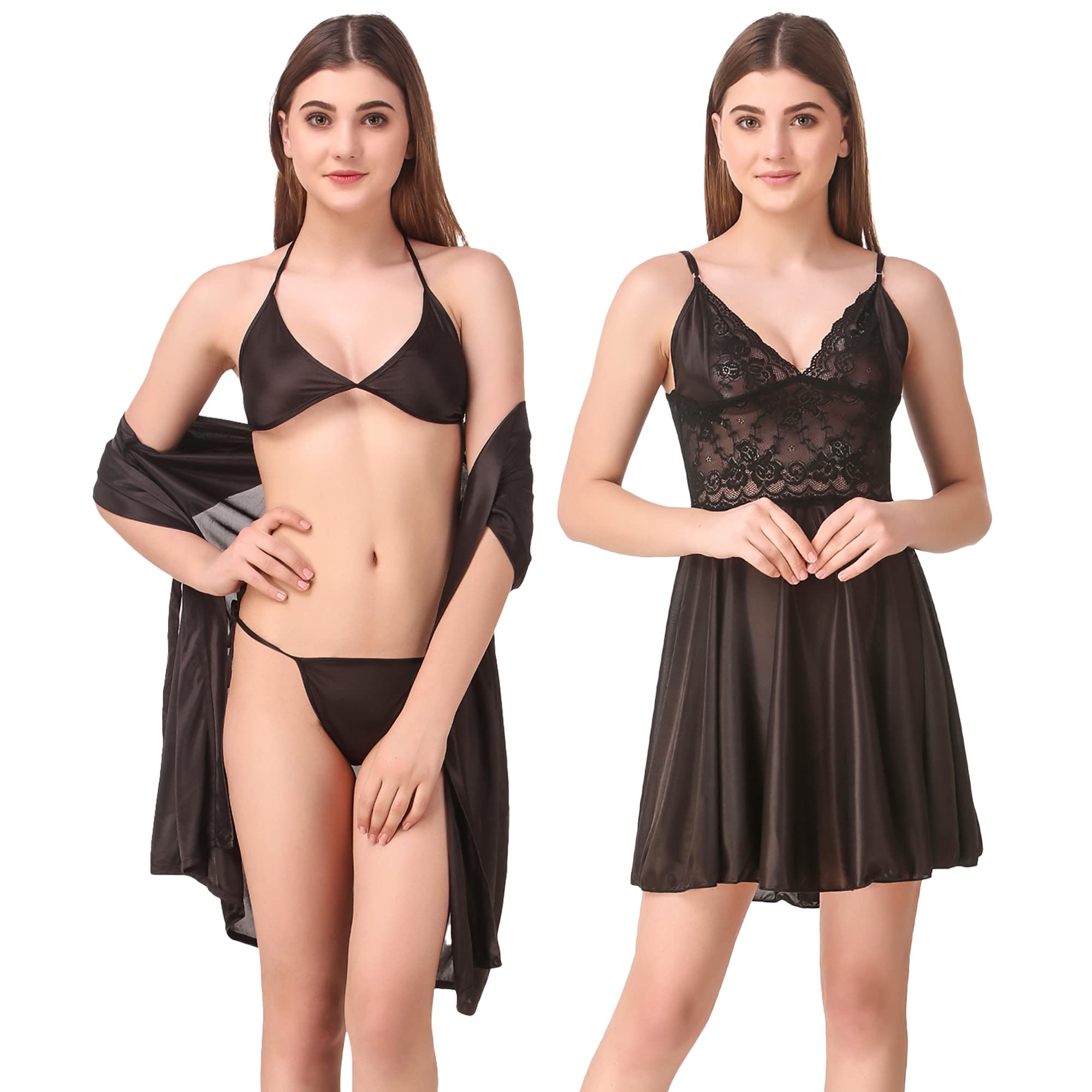 romaisa Women's Satin Solid Above Knee Length Nighty, Wrap Gown, Bra and Thong (Size - Free Size) (Nightwear Set Pack of 4)-picture-54