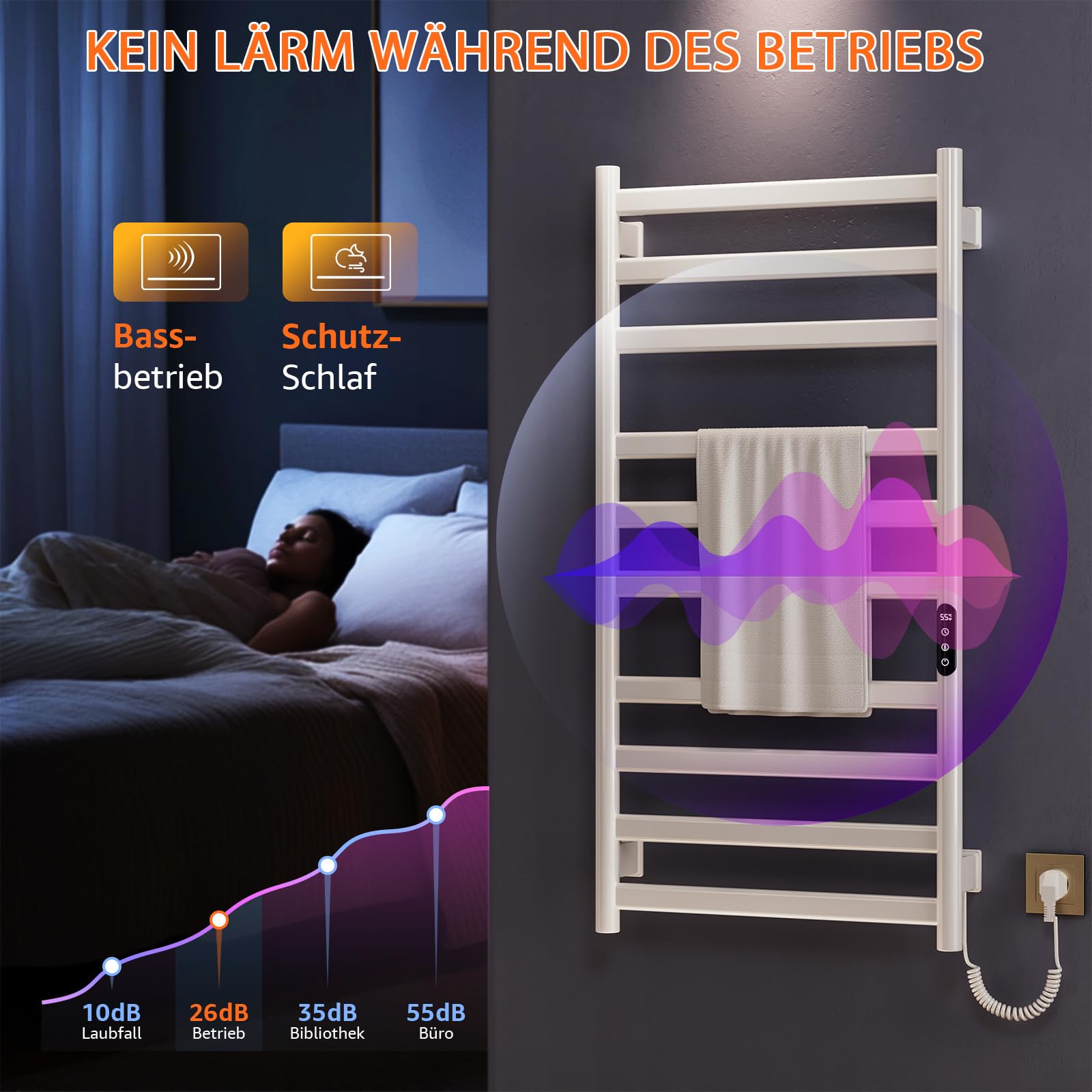 Badheizkörper Elektrisch 285W Handtuchheizer Einstellbare Temperatur 35°-70°C, handtuchwärmer mit 1-9 H Timer-Funktion, Handtuchtrockner mit LED-Touchscreen, IPX4. 50x100cm, weiß