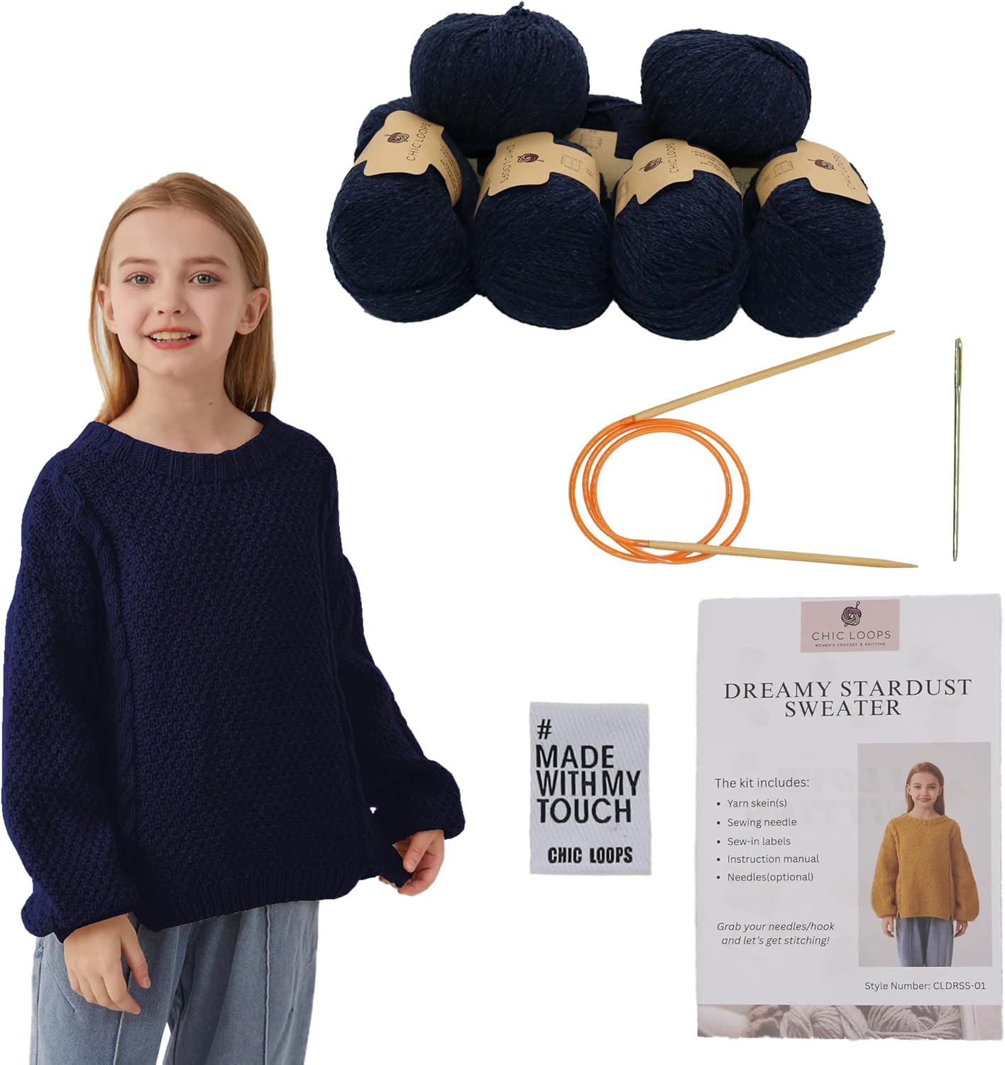 Chic Loops Knitting Kit for Beginners, Knitted Sweater Beginner Crochet Kit, Crochet Chunky Crew Neck Long Sleeve Pullover Sweater with Instruction(Navy Blue,6-8Y)