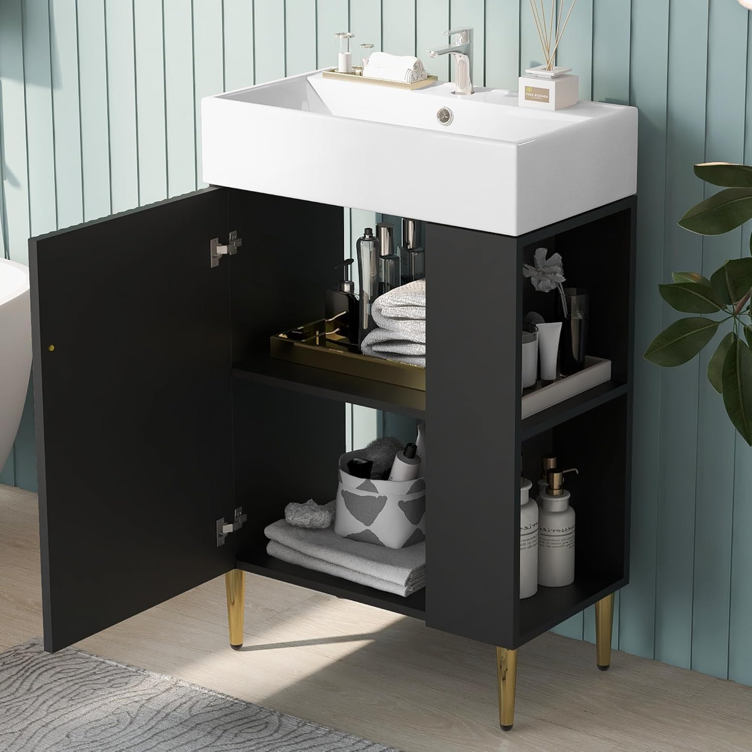 Virubi 21.6 in Small Bathroom Vanity with Sink,Doors and Storage Shelves,Wood Modern Single Fluted Bathroom Sink Cabinet Freestanding (Black,Right Shelf)