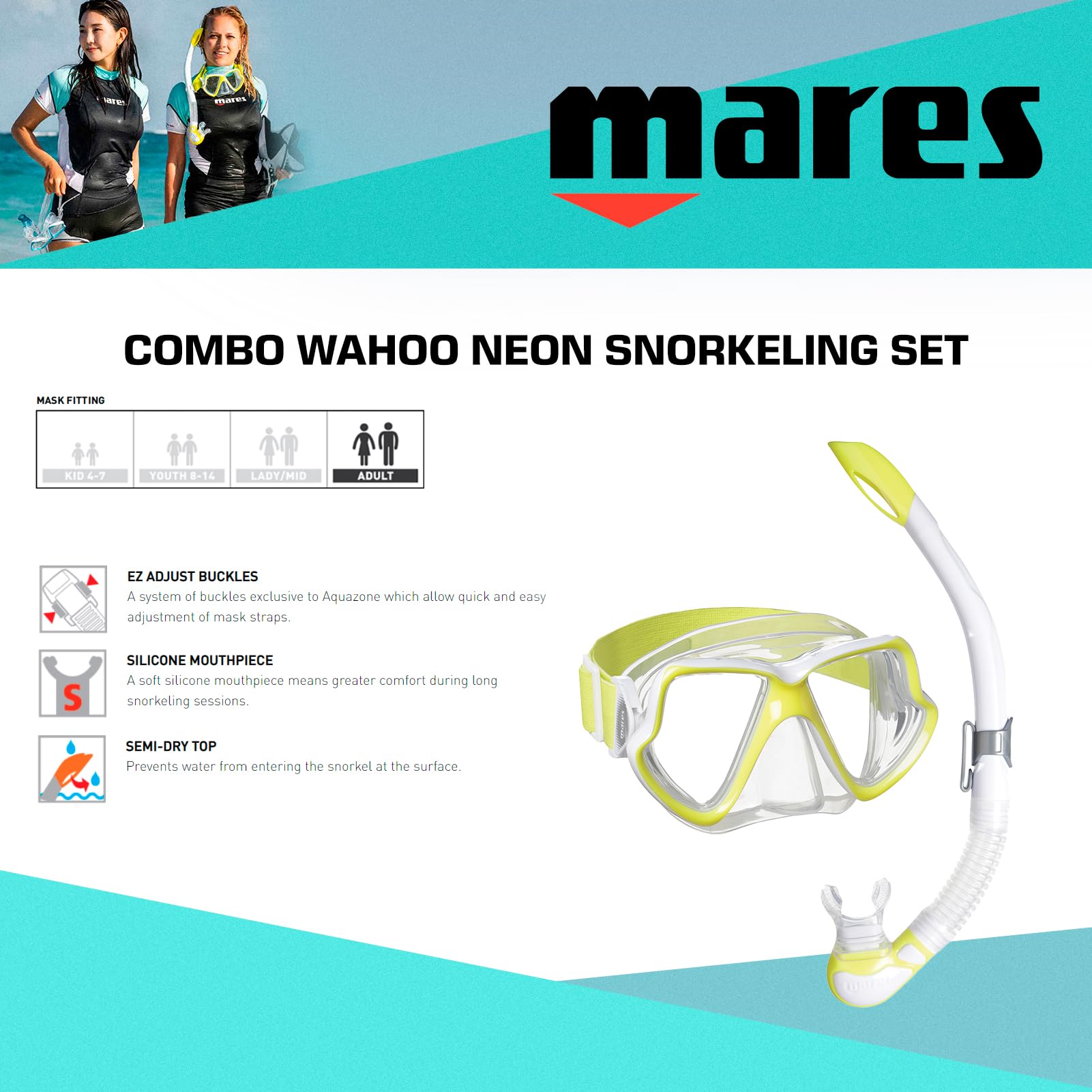 Mares Wahoo Neon Combo – Schnorchelset Erwachsene, maschera in silicone, halb-trockener Schnorchel mit Ventil, ideale per Schnorcheln und Unterwassererkundung