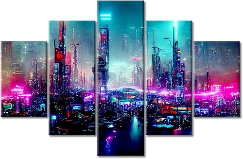 Miniatura 1 de Lienzo de 5 paneles para pared, diseño de ciudad futurista Cyberpunk llena de luces de neón por la noche, imagen para sala de estar, estilo retro