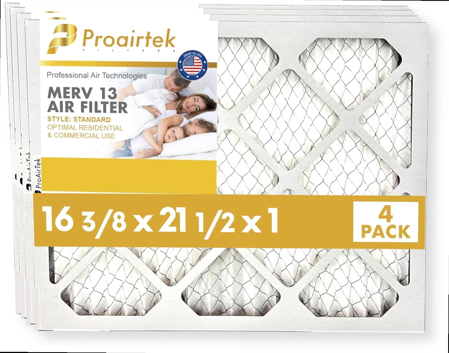 Proairtek AF16A21H1M13SWH Model Standard 16 3/8" x 21 1/2" x 1" Pack of 4 Air Filters, MERV 13; Ideal for Anyone Wanting Crisp Air in Their Home