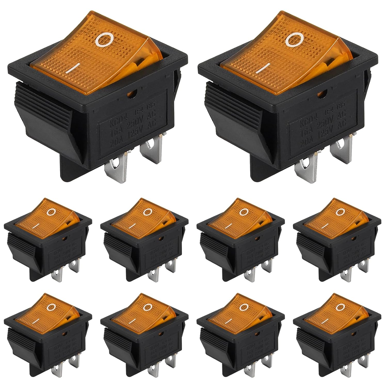 10PCS KCD4-16A/250V 20A/125V AC on/Off Switch，Orange Light 4 Pin Rocker Switch,Suitable for Motorcycle Lights, Toy Cars, Treadmills, Electronic Device Power switches(Orange)