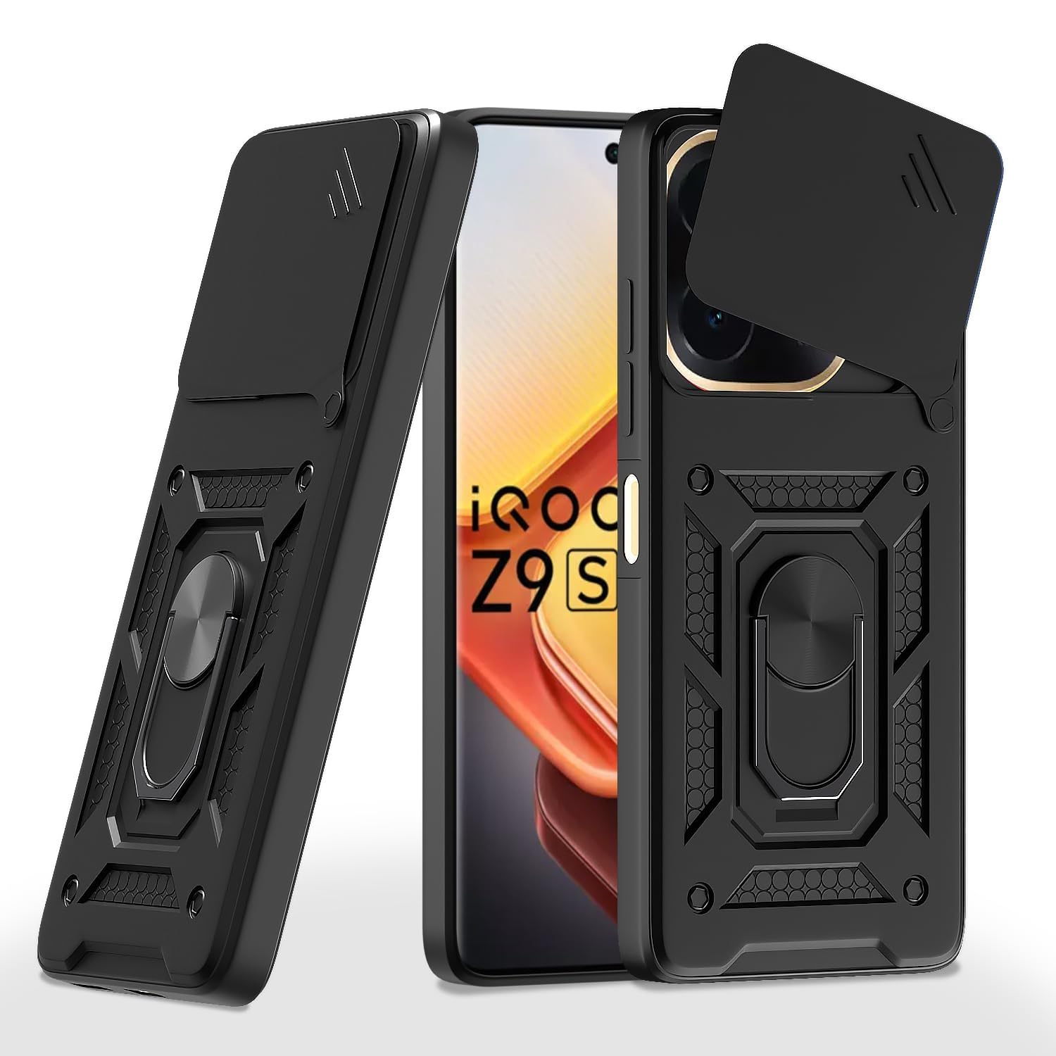AIBEX® Back Cover for Vivo T3 Pro 5G / IQOO Z9s Pro 5G | D10 Tough Armor Case | Sliding Camera Shield | 360° Protection | Kickstand Ring Holder | Military-Grade Shockproof Bumper Case